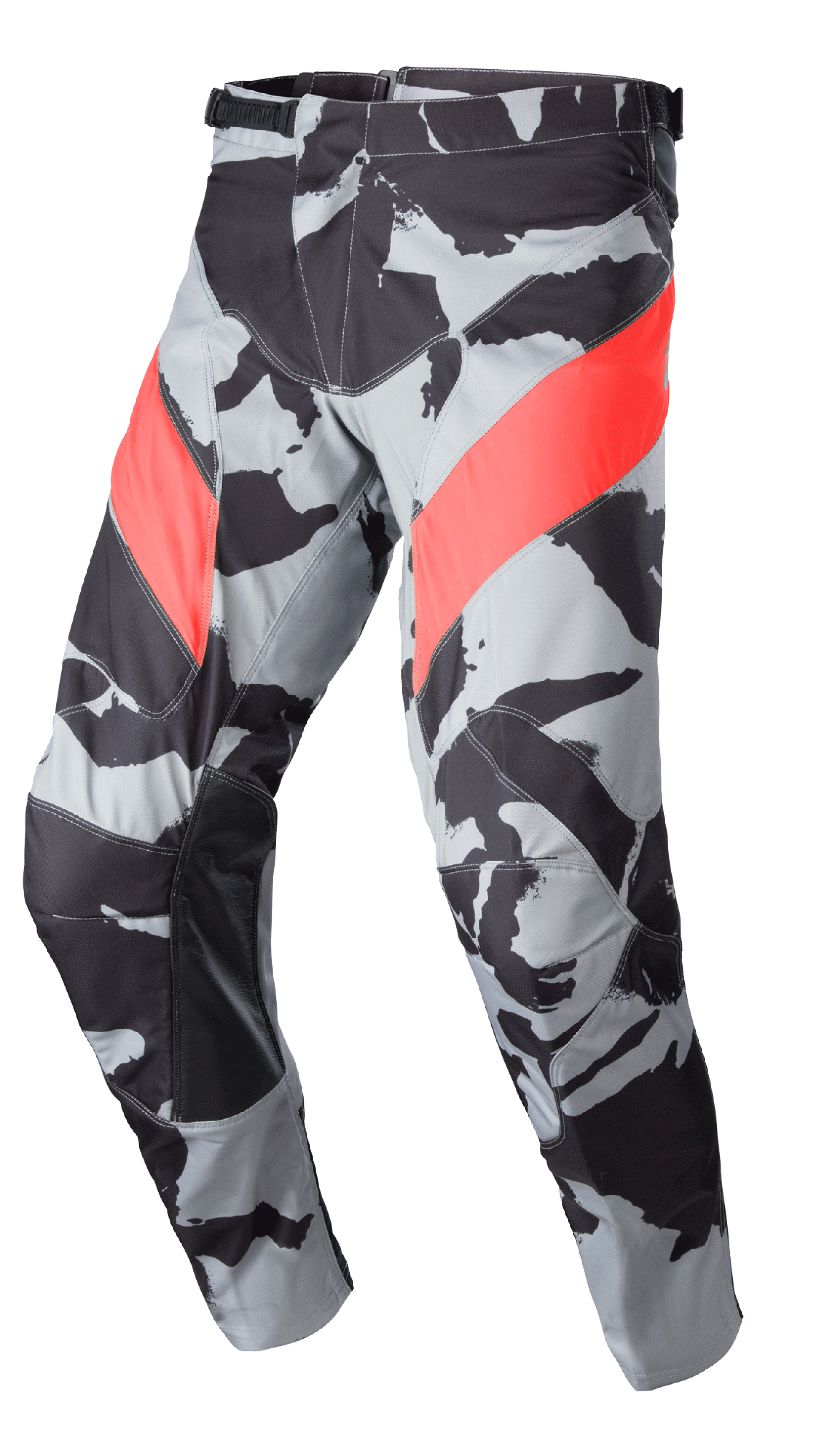 Alpinestars 2023 Racer Tactical bukser, motocross- og off-road-bukser, Cast Gray Camo og sort mønster med diagonale Mars Red accenter, læderforstærkede paneler på indersiden af benene, skraldelukning i taljen, ergonomisk forudbøjet design til off-road kørsel
