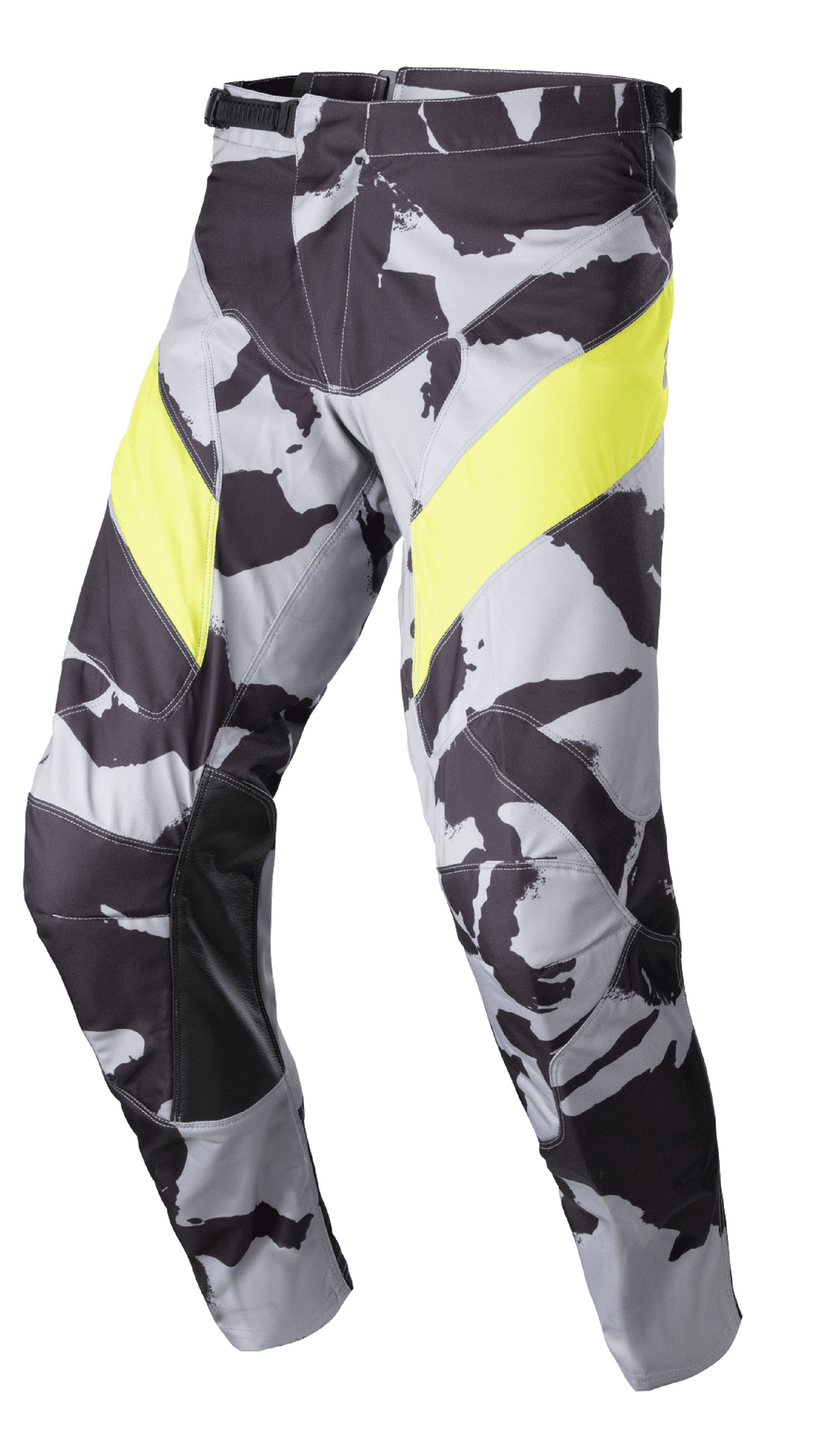Alpinestars 2023 Racer Tactical bukser, motocross off-road bukser, gråt camouflage-mønster med markante gule lårpaneler, sorte læderforstærkninger på indersiden af knæene og skraldelukning i taljen til off-road racing.