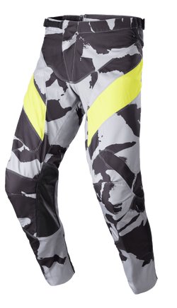 Alpinestars 2023 Racer Tactical Pants, Motocross Pants, Cast Gray Camo and Yellow Fluo, featuring a gray camouflage pattern with bold yellow thigh panels, black leather inner knee reinforcements, and a ratchet waist closure for off-road racing.