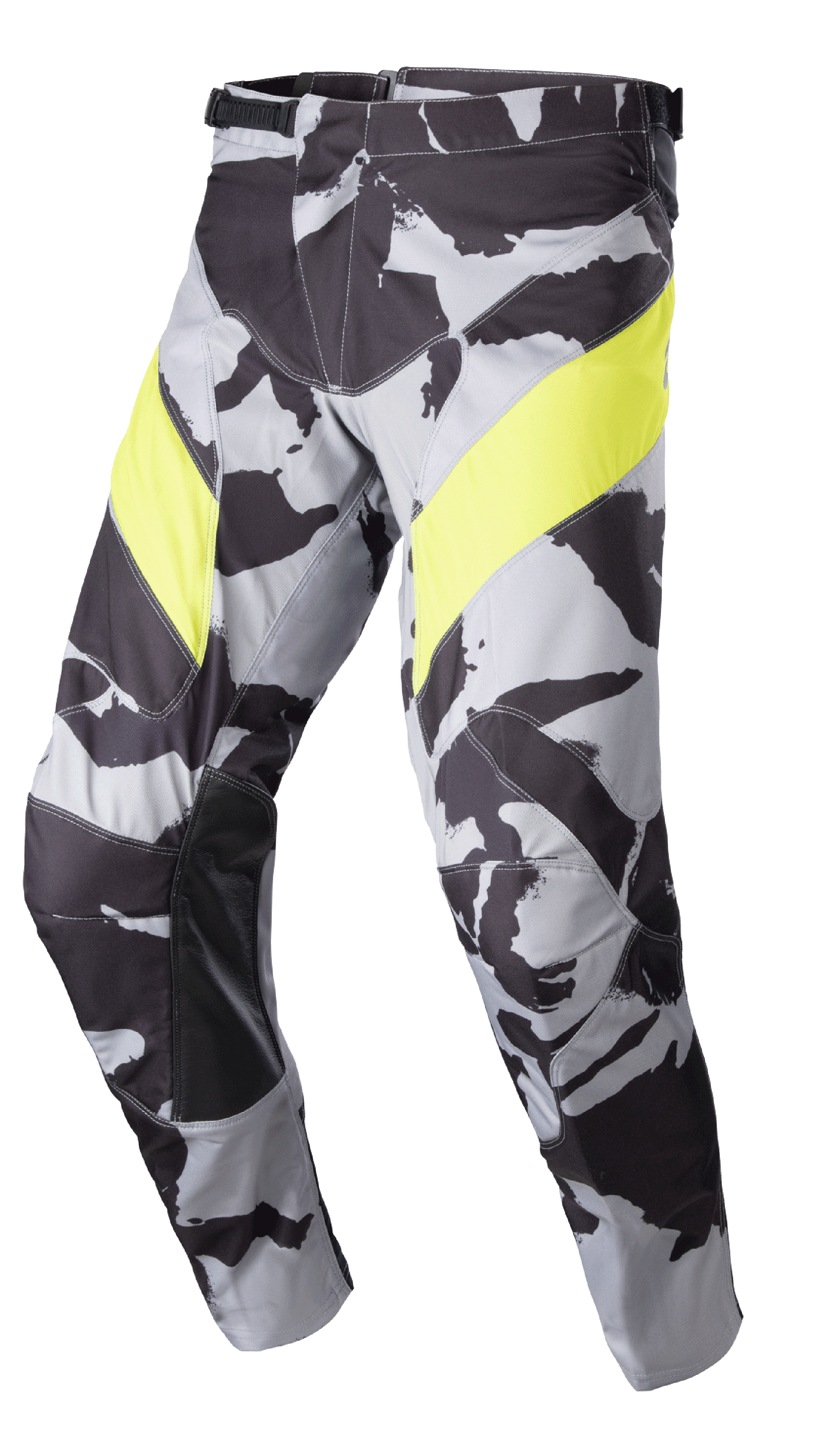 Alpinestars 2023 Racer Tactical bukser, motocross off-road bukser, gråt camouflage-mønster med markante gule lårpaneler, sorte læderforstærkninger på indersiden af knæene og skraldelukning i taljen til off-road racing.