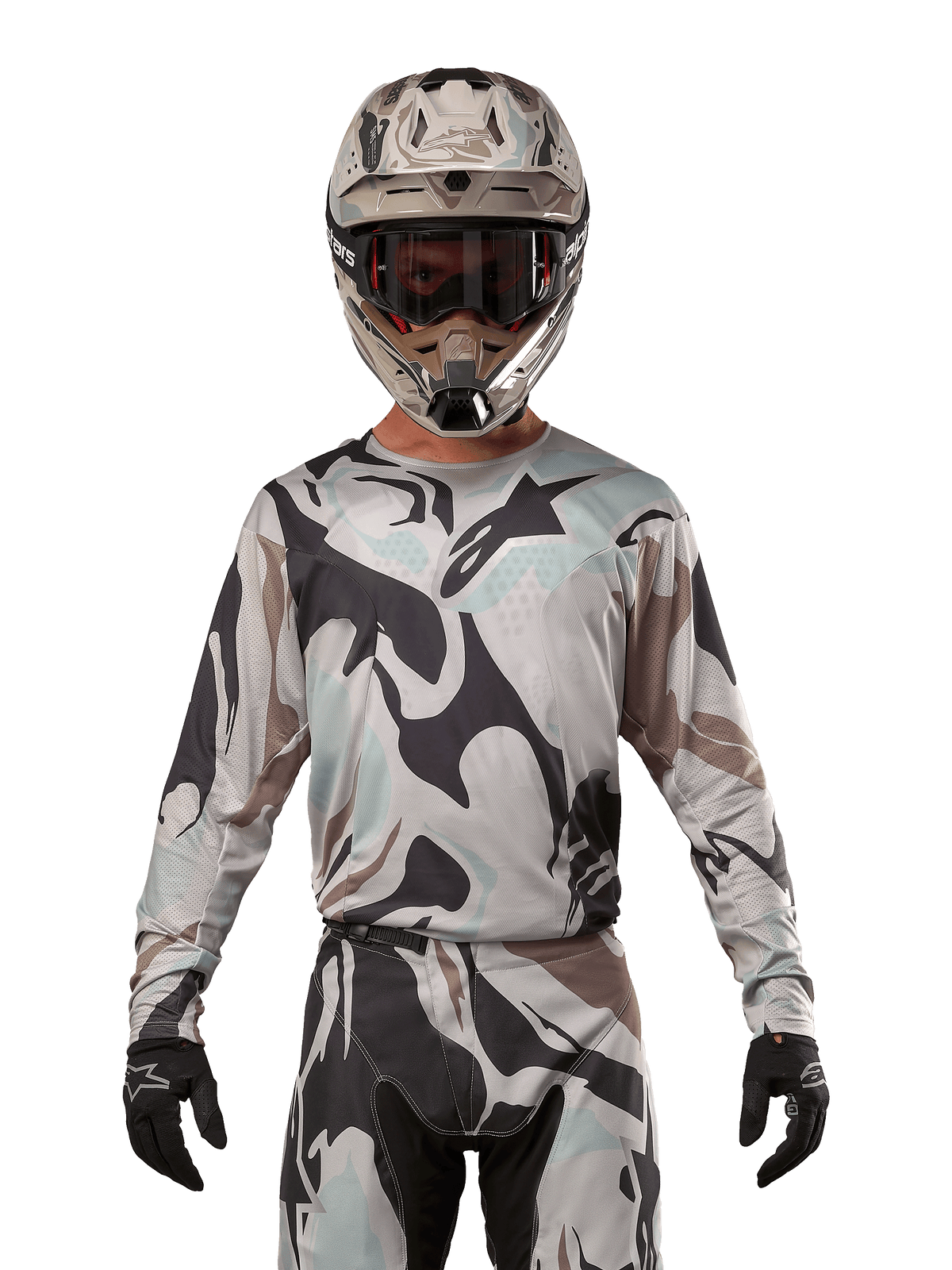 Alpinestars 2024 Racer Tactical Jersey, Motocross Jersey, Iron Camo Dust Gray camouflage pattern, rider wearing matching helmet and goggles with black gloves, technical gear for off-road racing