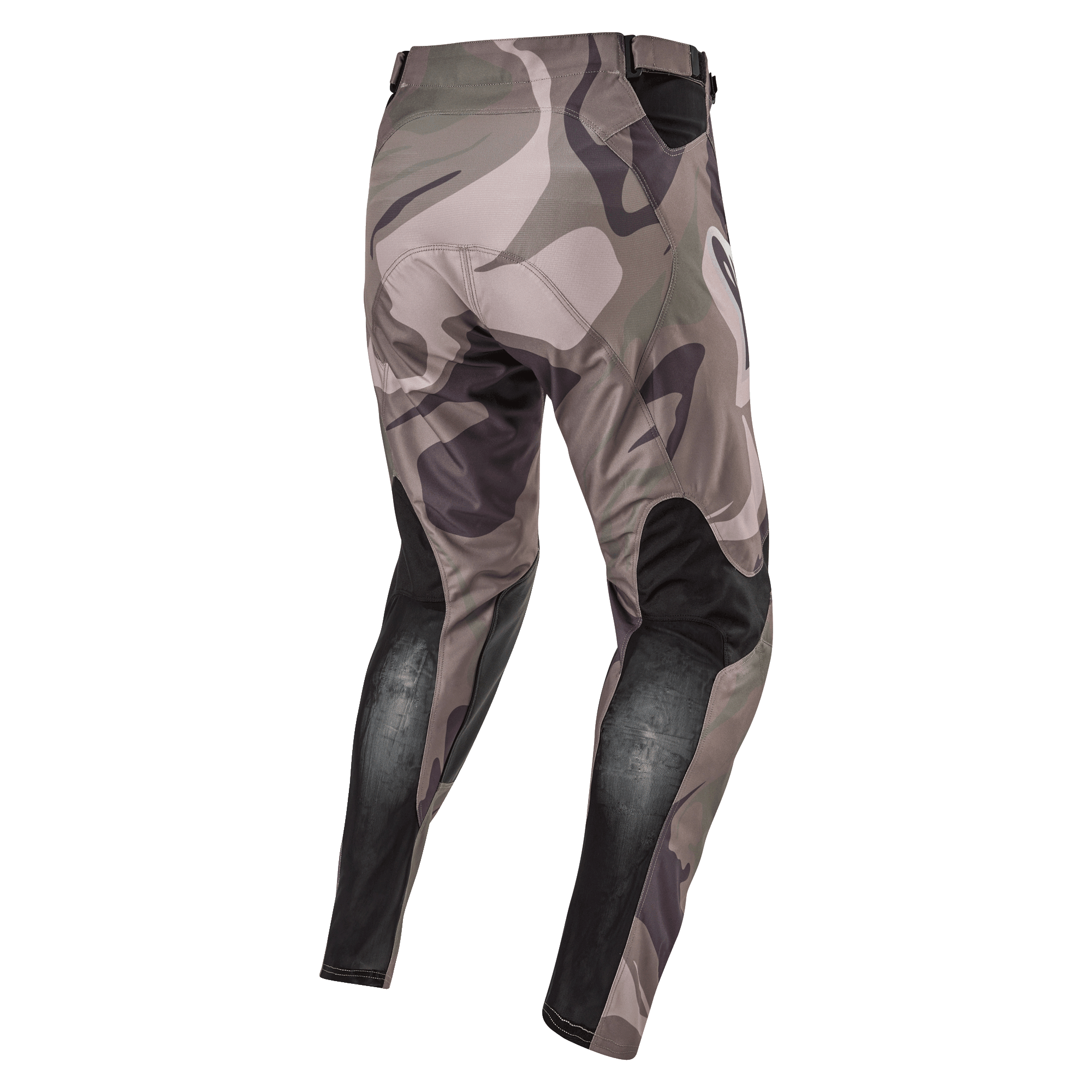 Alpinestars 2024 Racer Tactical bukser, motocross-bukser, militærgrøn camo brun, set bagfra med sorte åndbare strækpaneler på underbenene og camouflagedesign, slidstærkt tekstil til off-road racing
