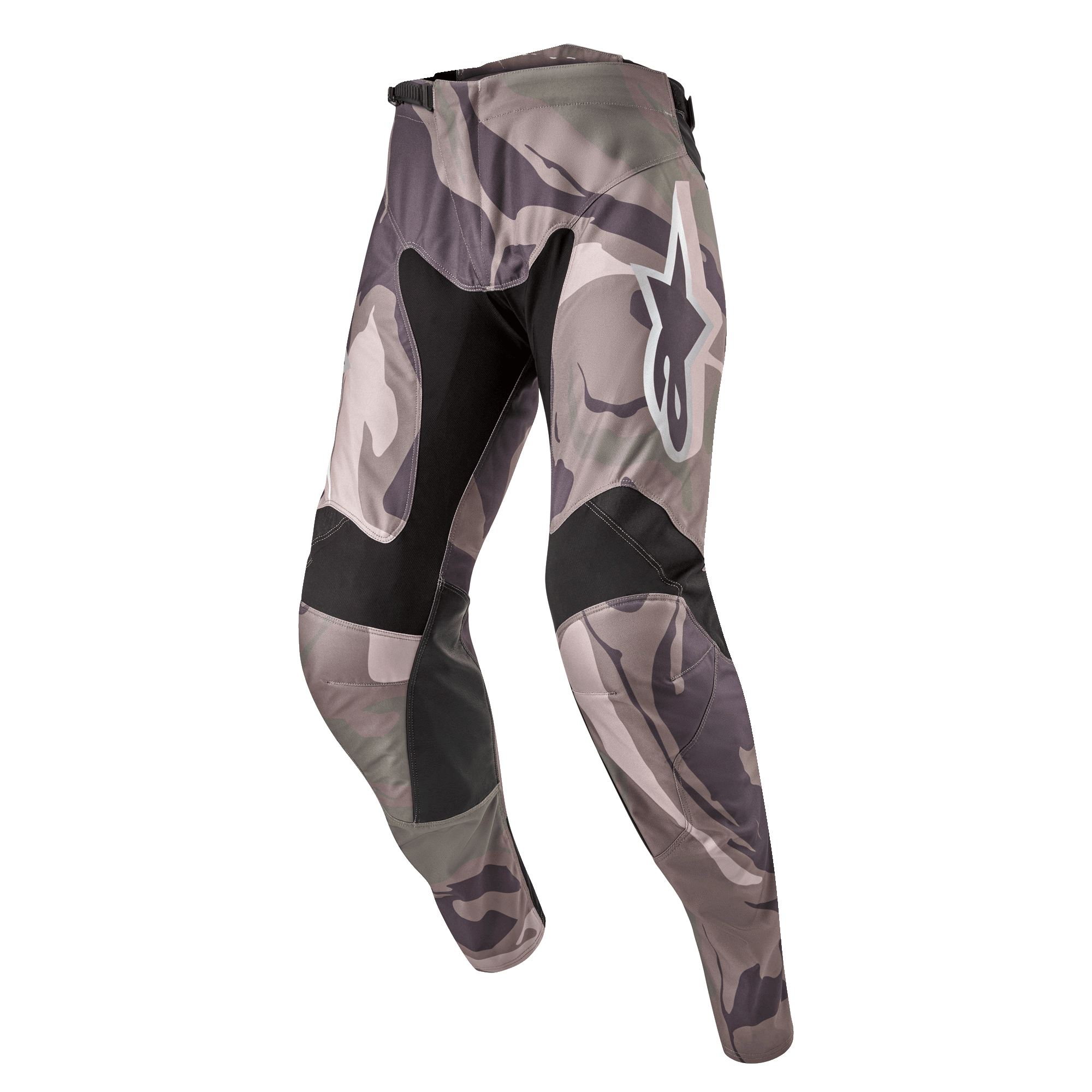 Alpinestars 2024 Racer Tactical bukser, motocrossbukser, Military Green Camo Brown camouflage-mønster, med sorte strækpaneler på indersiden af lår og knæ, hvidt Alpinestars-logo på låret, ergonomisk design med forbøjede ben til off-road racing