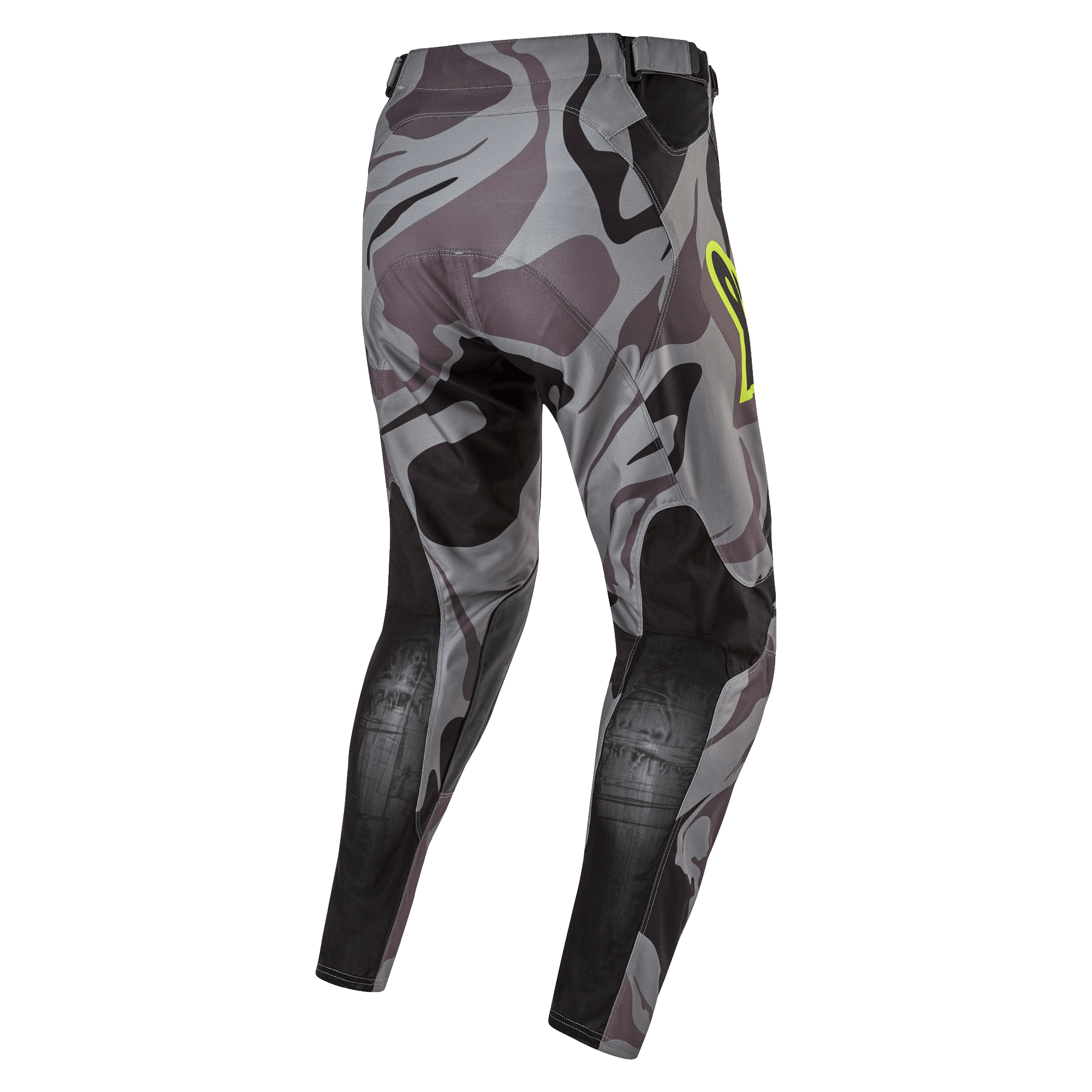 Alpinestars 2024 Racer Tactical bukser, motocrossbukser, Cast Gray Camo Magnet, set bagfra med gråt camouflagemønster og sorte forstærkede paneler, gul logo-detalje på hoften, teknisk rip-stop materiale til off-road racing