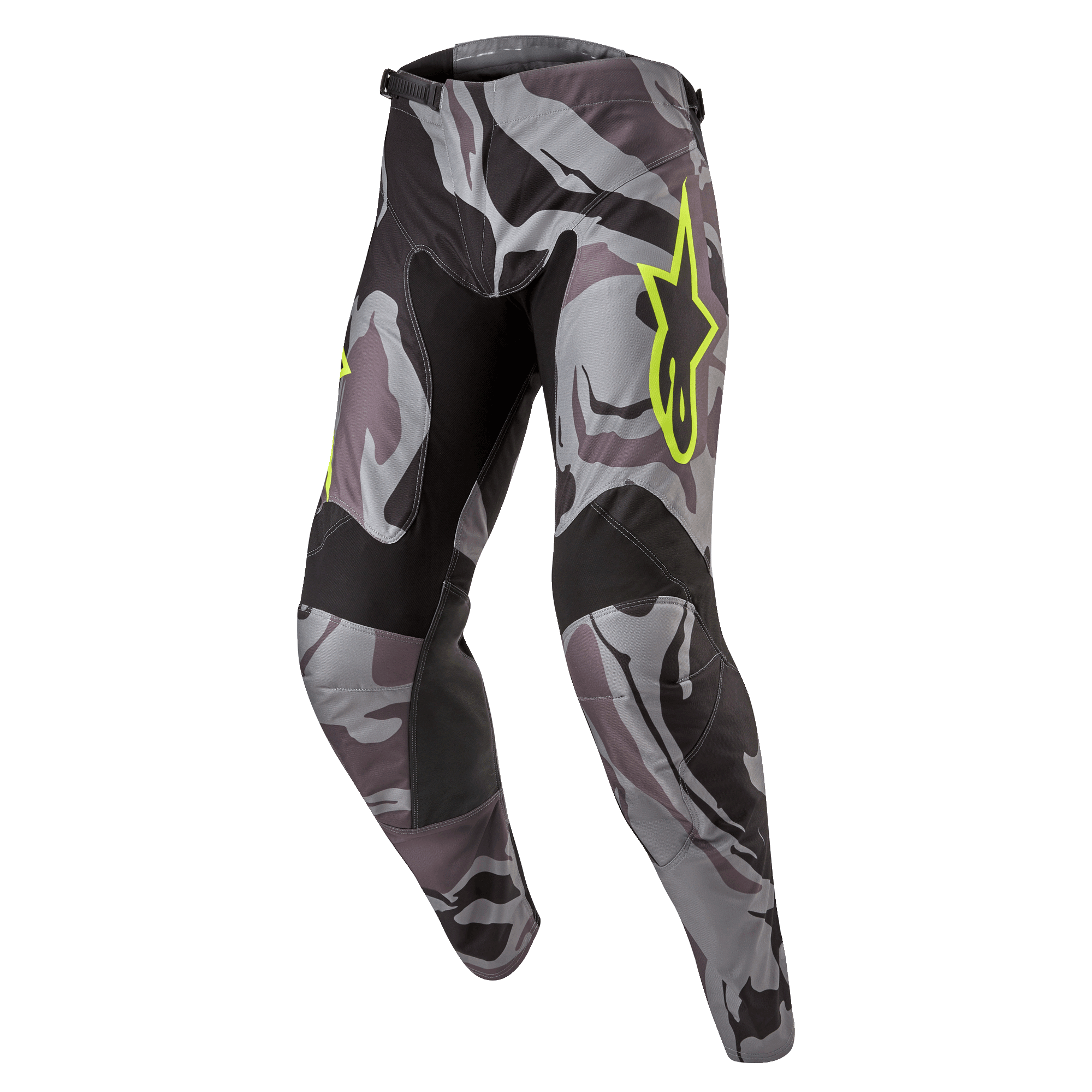 Alpinestars 2024 Racer Tactical bukser, motocross-bukser, Cast Gray Camo Magnet, gråt og sort camouflagemønster med neongult Alpinestars-logo, sorte paneler på indersiden af lår og knæ, forudformet sporty pasform til off-road kørsel