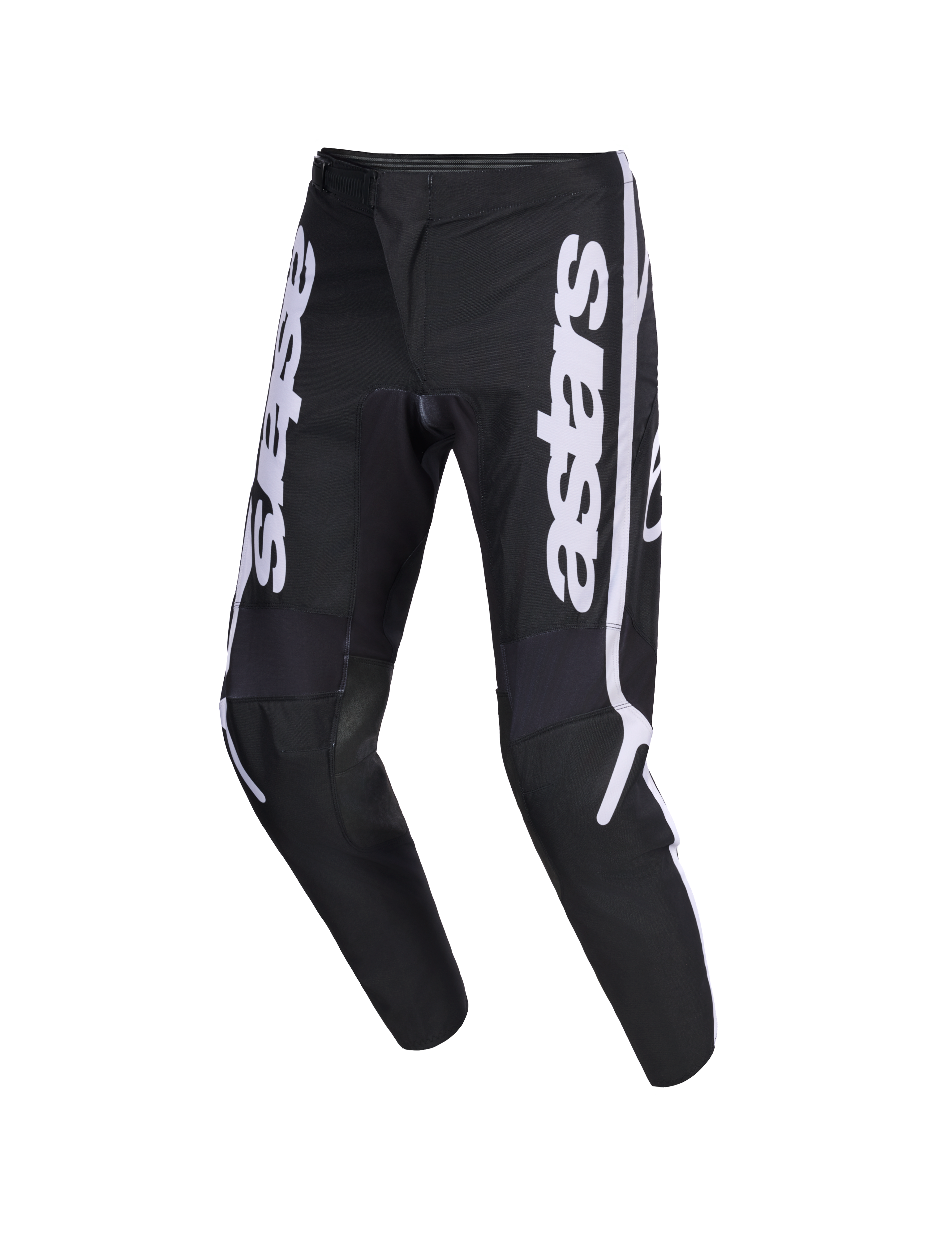 Alpinestars 2026 Fluid Apex bukser, motocross-bukser, sort og grå, med hvidt lodret astars-logo på benene, ergonomisk forbuet sport-fit design, holdbar 600D polystof-konstruktion til off-road kørsel