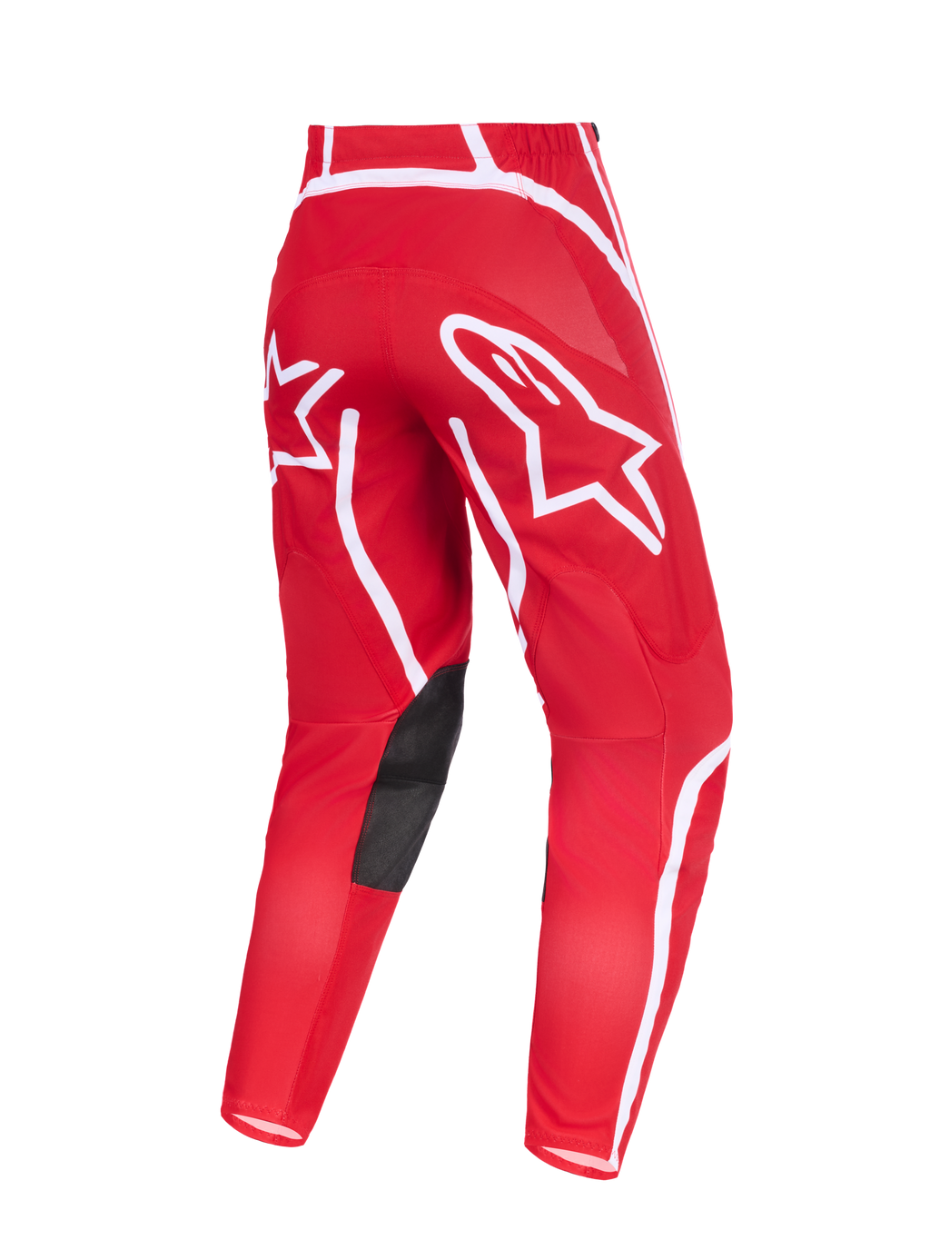 Alpinestars 2026 Fluid Apex bukser, motocross-bukser, rød og hvid, set bagfra med markante hvide stjerne-logoer på sædet, sorte indvendige knæpaneler i syntetisk læder og ergonomisk forbuet design til terrænkørsel