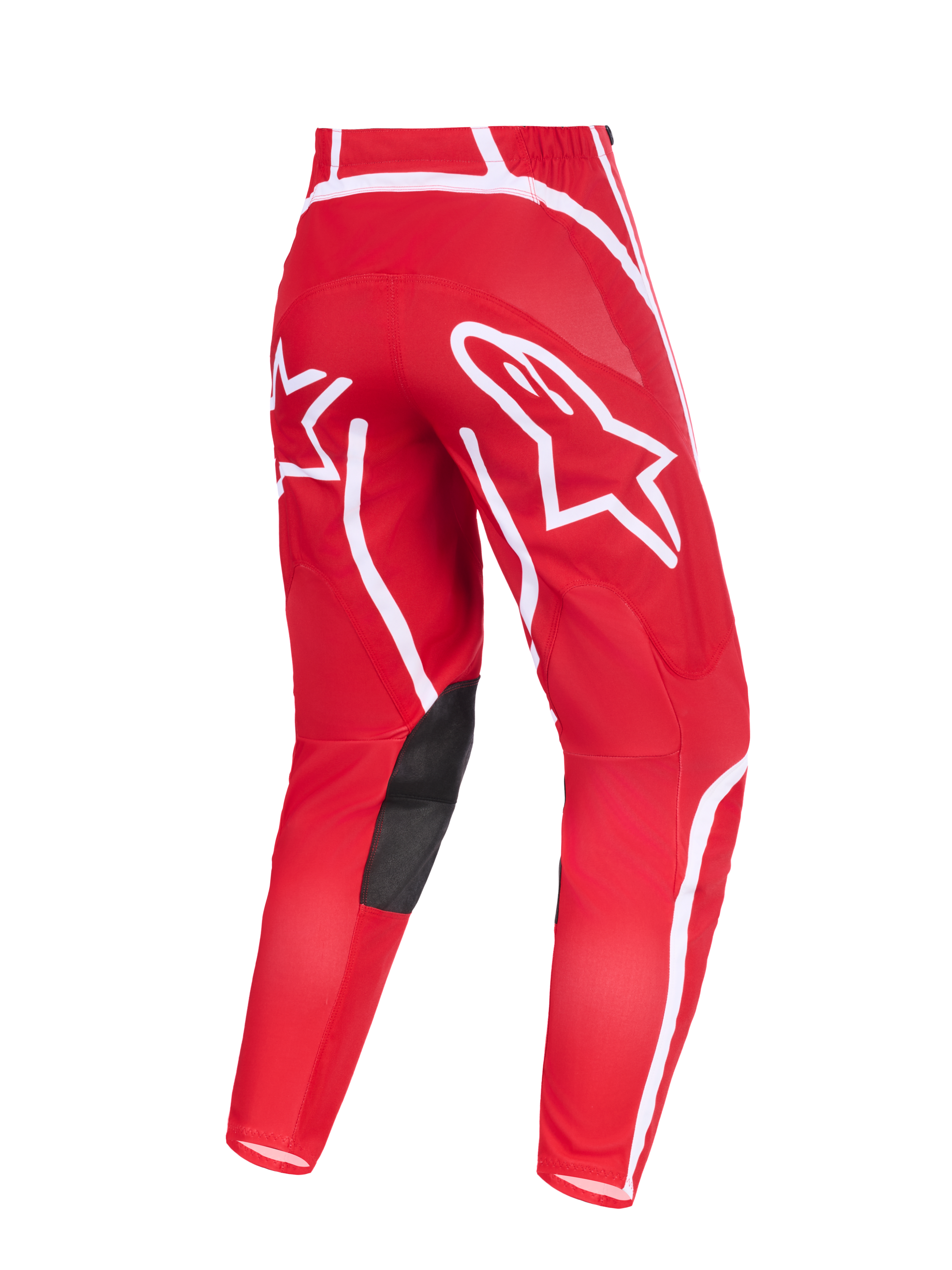 Alpinestars 2026 Fluid Apex bukser, motocross-bukser, rød og hvid, set bagfra med markante hvide stjerne-logoer på sædet, sorte indvendige knæpaneler i syntetisk læder og ergonomisk forbuet design til terrænkørsel