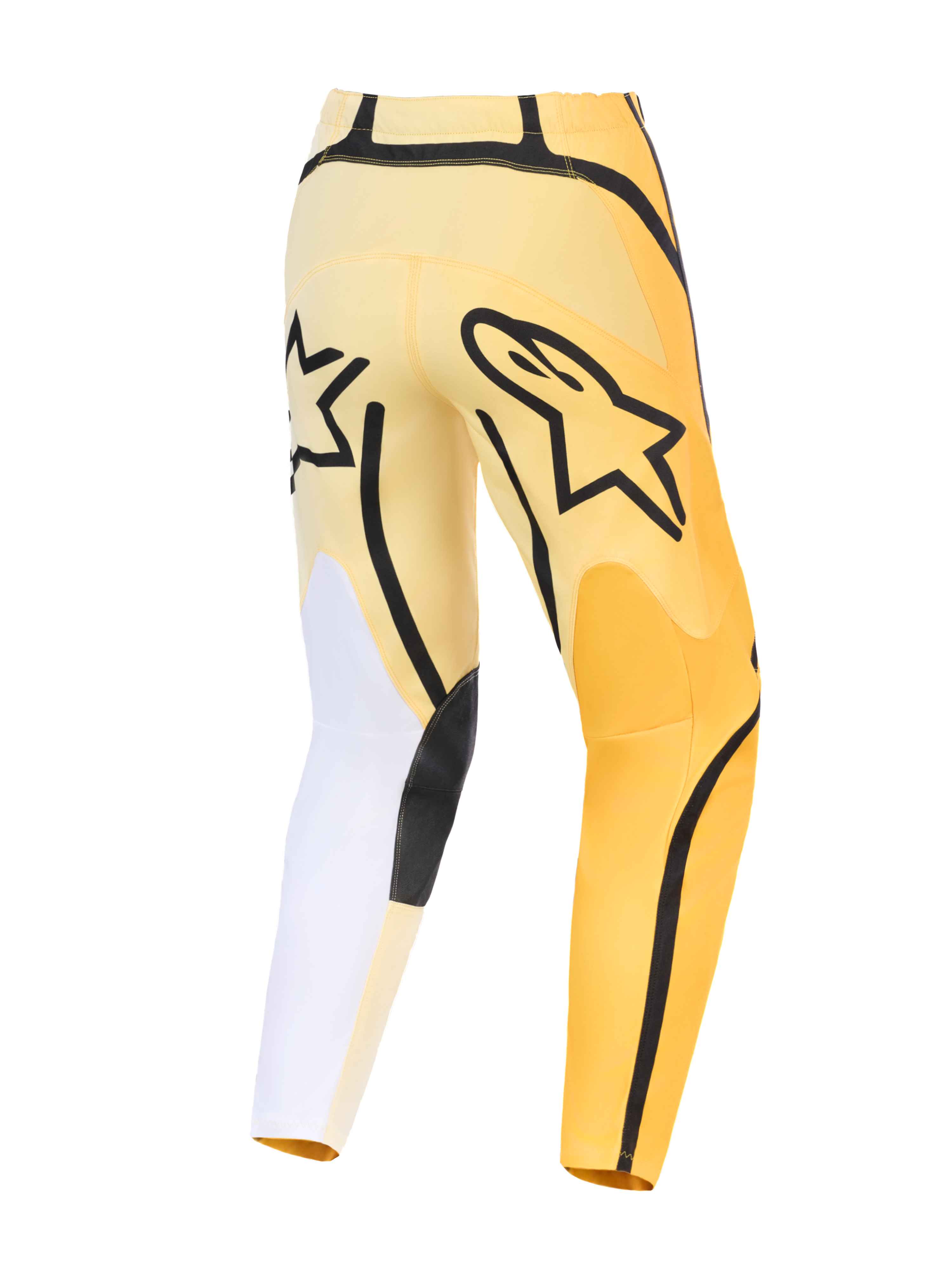 Alpinestars 2026 Fluid Apex bukser, motocrossbukser, gul og sort med hvide detaljer, set bagfra med markant sort Astars-logo, asymmetrisk design med holdbare forstærkede paneler og forbuet pasform.