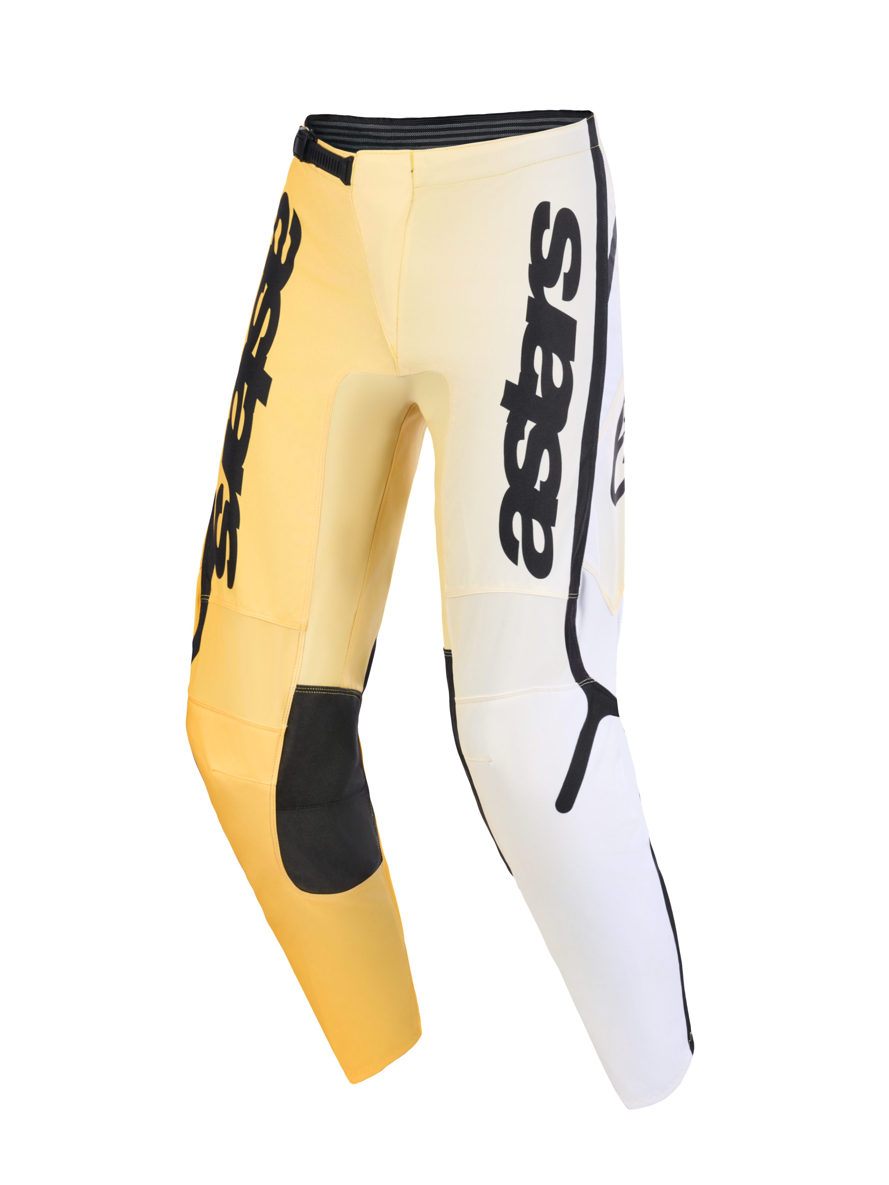 Alpinestars 2026 Fluid Apex bukser, motocross-bukser, gul, hvid og sort, med gradient farveskema, markant lodret astars-branding på lårene, sorte forstærkede knæpaneler og et ergonomisk forbuet design til off-road ydeevne.