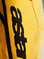 Nærbillede af Alpinestars 2026 Fluid Apex bukser, motocross-bukser, gul og sort, med et stort lodret sort logo, tekstureret holdbart materiale og ergonomiske detaljer til off-road-ydeevne