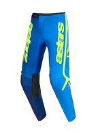 Alpinestars 2026 Fluid Apex bukser, motocrossbukser, blå og gul fluo, med markant lodret gul 'astars' branding, sorte indvendige knæpaneler og ergonomisk forbuet design til off-road ydeevne