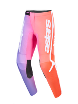 Alpinestars 2026 Fluid Apex bukser, motocrossbukser, flerfarvet med lilla, pink og orange farveovergang, hvidt astars-branding, sorte forstærkede indvendige knæpaneler, ergonomisk 3D-design til off-road kørsel