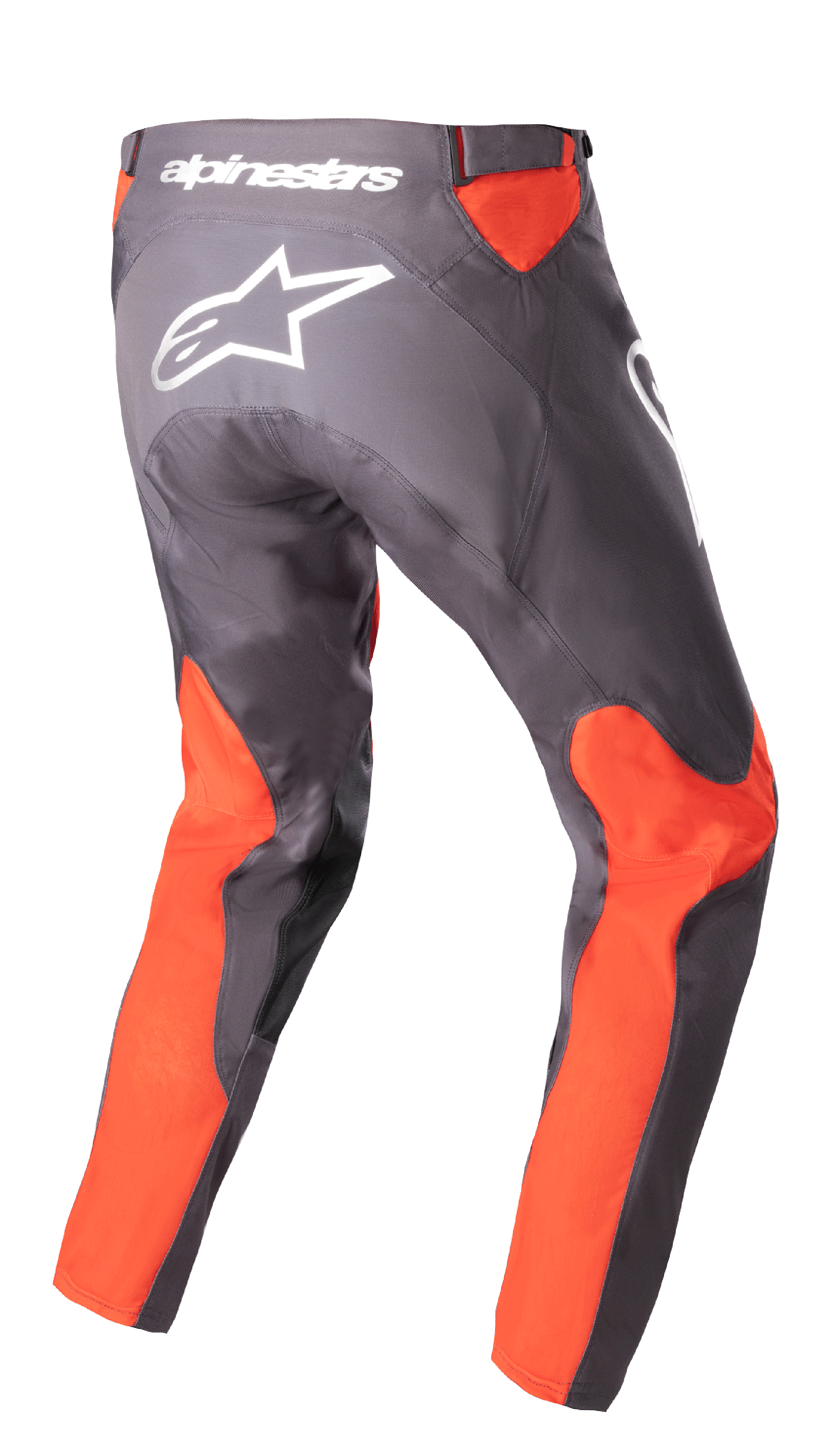 Alpinestars 2023 Racer Hoen bukser, motocrossbukser, Magnet Hot Orange, set bagfra med hvidt Alpinestars-logo og tekstlogo på bagsiden, klare orange paneler på benene og taljen, holdbar 600D poly-stof konstruktion til off-road kørsel