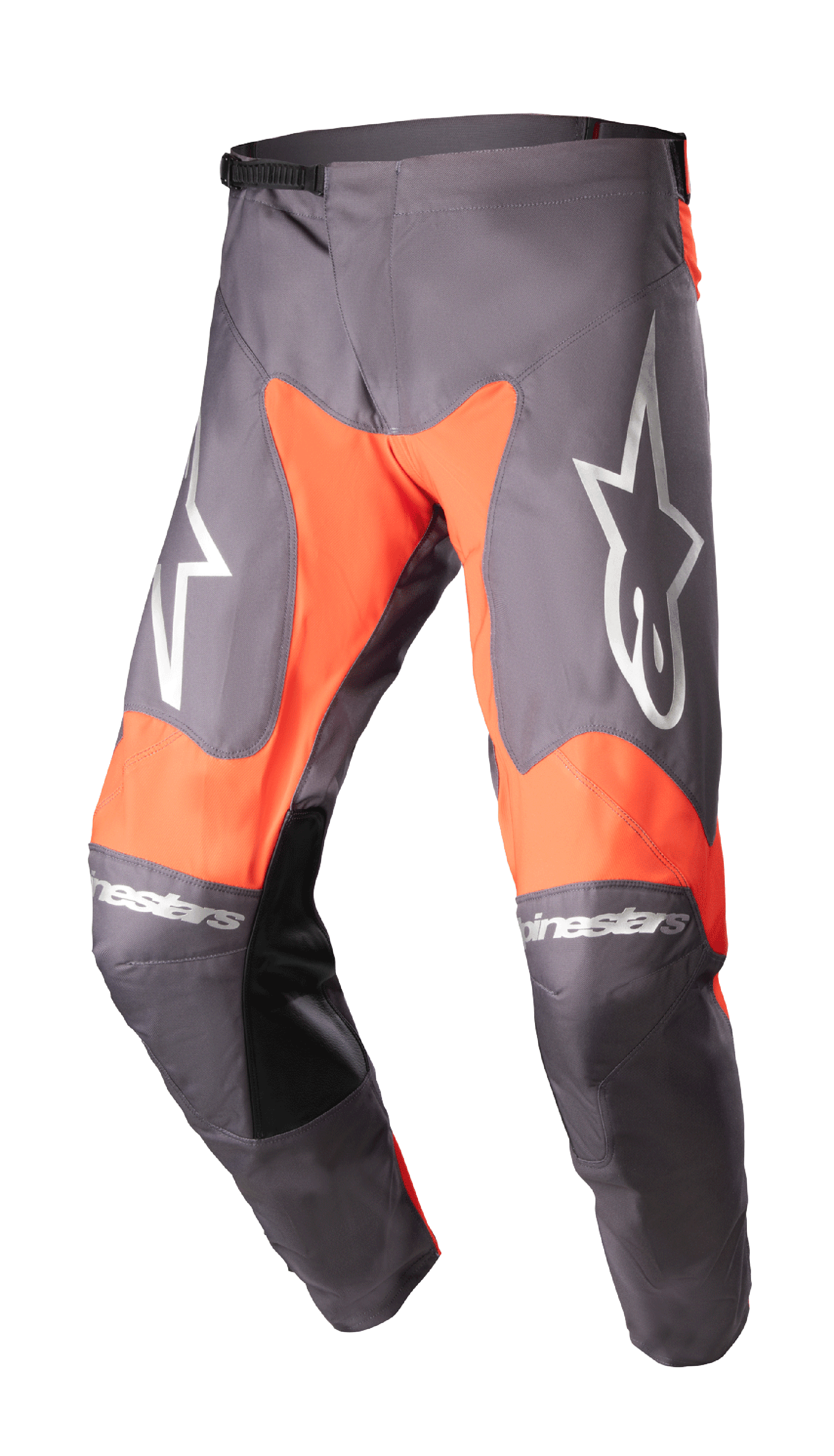Alpinestars 2023 Racer Hoen bukser, motocross-racerbukser, Magnet og Hot Orange, store hvide stjernelogoer på lårene, indvendige knæpaneler i sort læder, skraldelås-justering i taljen, holdbar konstruktion til off-road kørsel
