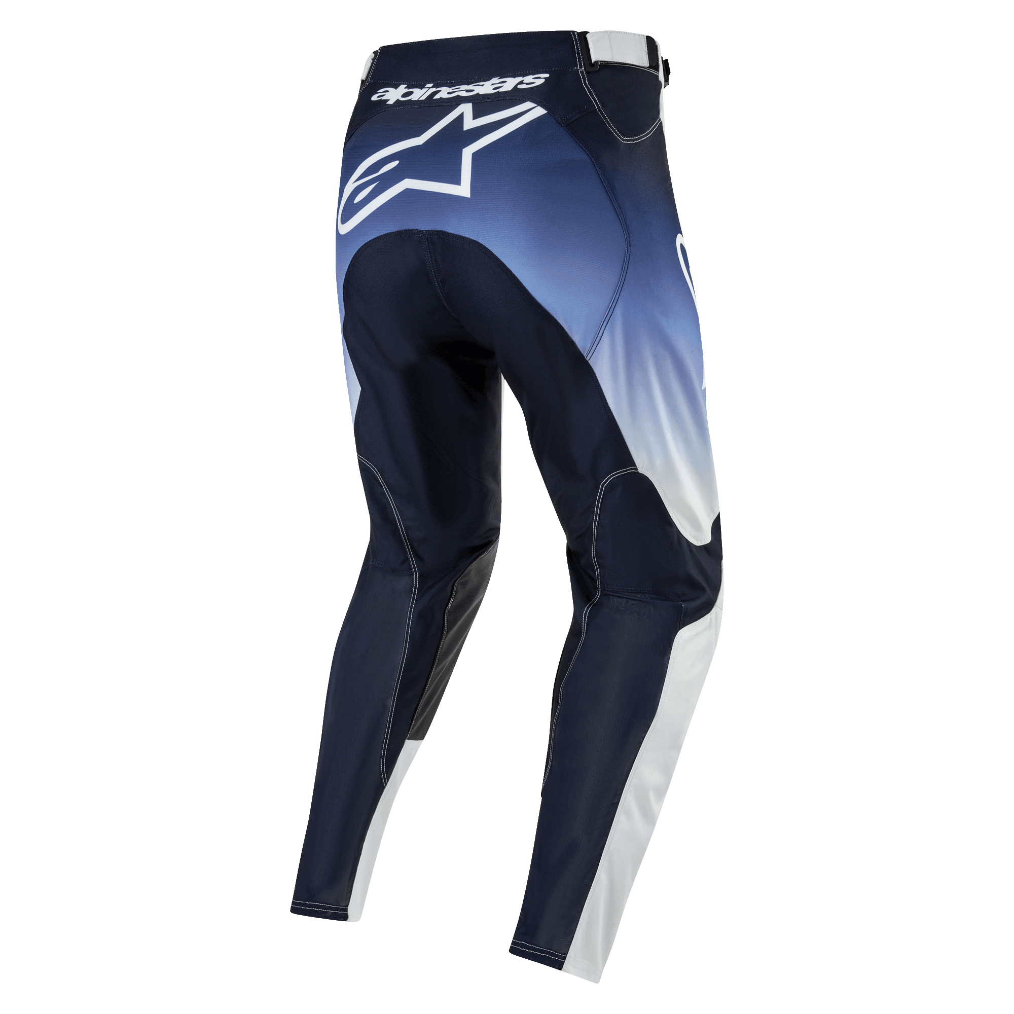 Alpinestars 2024 Racer Hoen bukser, motocross off-road bukser, navy blå med lyseblå og hvide detaljer, set bagfra med hvidt logo på sædet, ergonomisk pasform og holdbart materiale til terrænkørsel