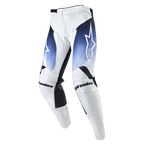 Alpinestars 2024 Racer Hoen bukser, motocross terrænbukser, hvid med mørkeblå og lyseblå detaljer, hvidt logo på låret, ergonomisk racerdesign, professionelt off-road udstyr