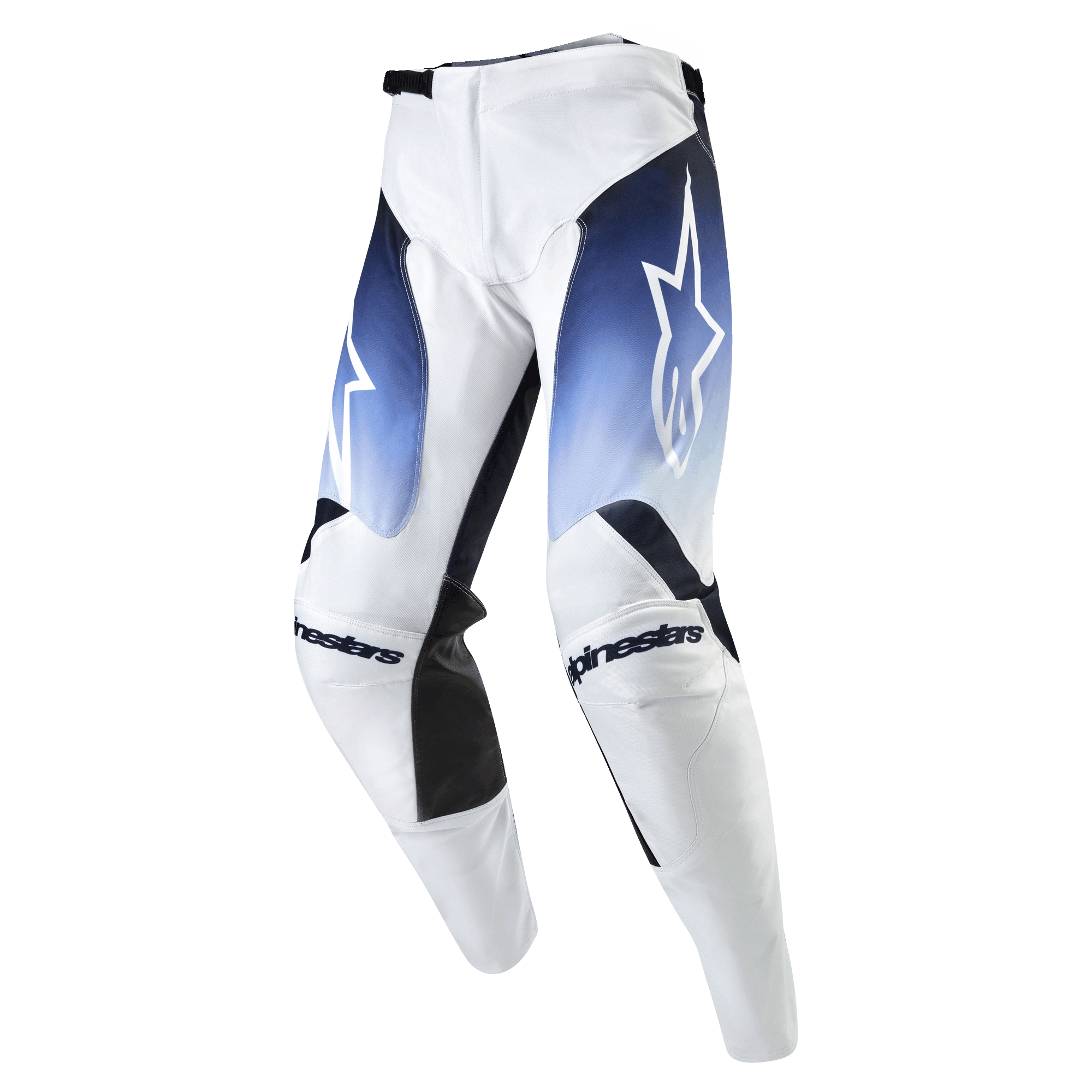 Alpinestars 2024 Racer Hoen bukser, motocross terrænbukser, hvid med mørkeblå og lyseblå detaljer, hvidt logo på låret, ergonomisk racerdesign, professionelt off-road udstyr