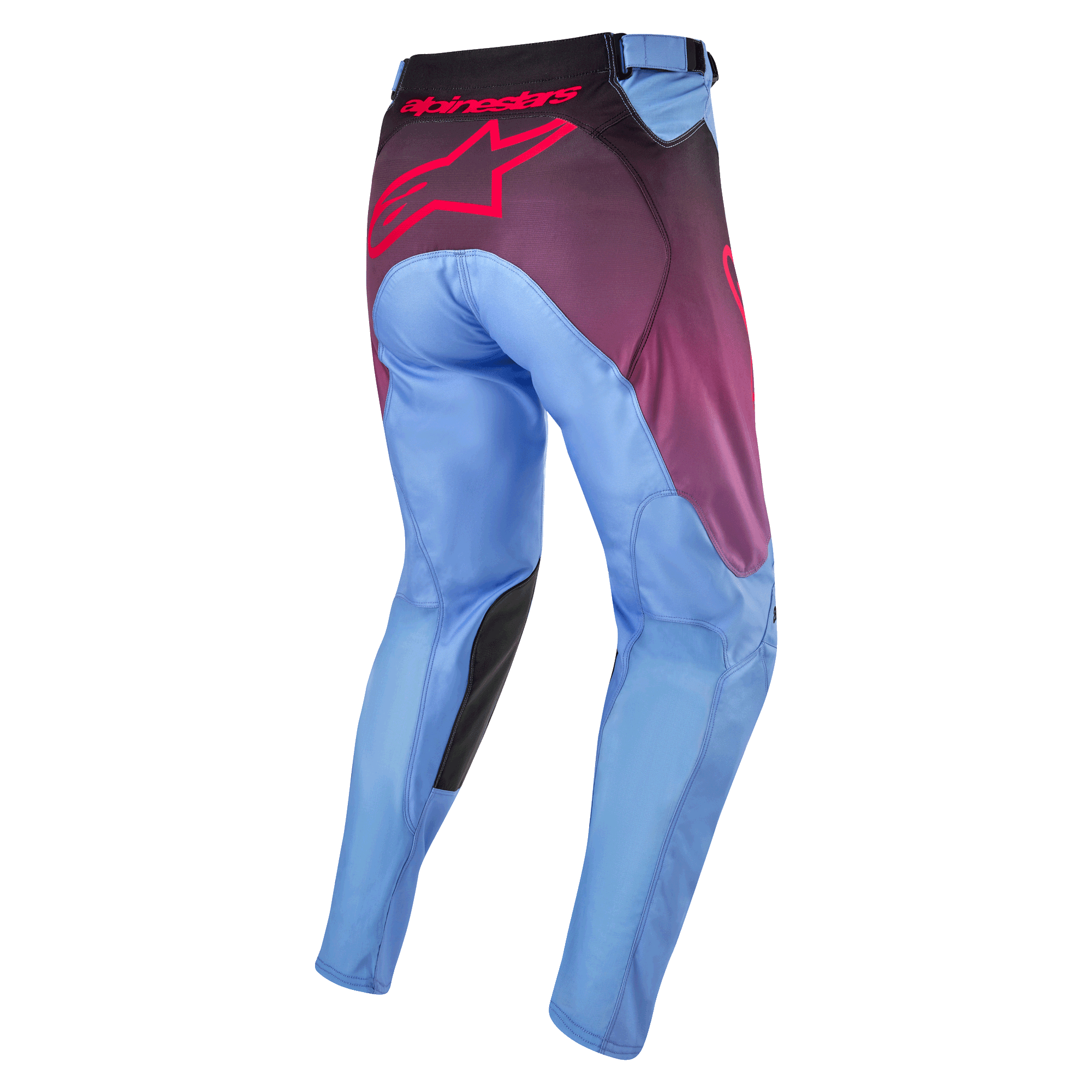 Alpinestars 2024 Racer Hoen bukser, motocrossbukser, Lavan lilla og sort, set bagfra med lyseblå ben, stort lyserødt Alpinestars-logo på bagdelen, sorte paneler på indersiden af knæene og ergonomisk forbøjet konstruktion til off-road kørsel