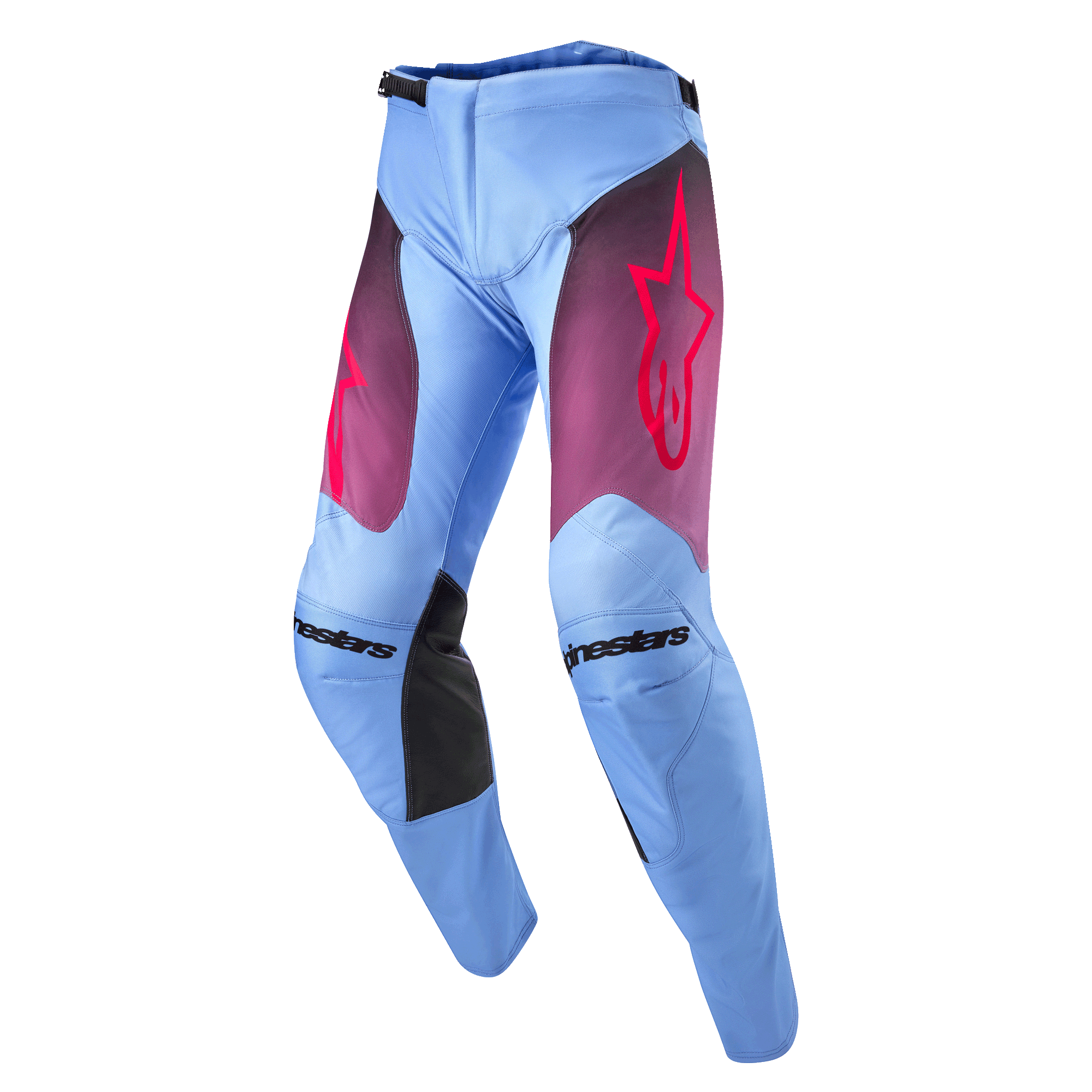 Alpinestars 2024 Racer Hoen bukser, motocrossbukser, Lavan Purple og sort, lyseblåt lavendelfarvet chassis med lilla fade lårpaneler og lyserødt stjernelogo, sorte indvendige knæpaneler, forbuet ergonomisk design til off-road performance