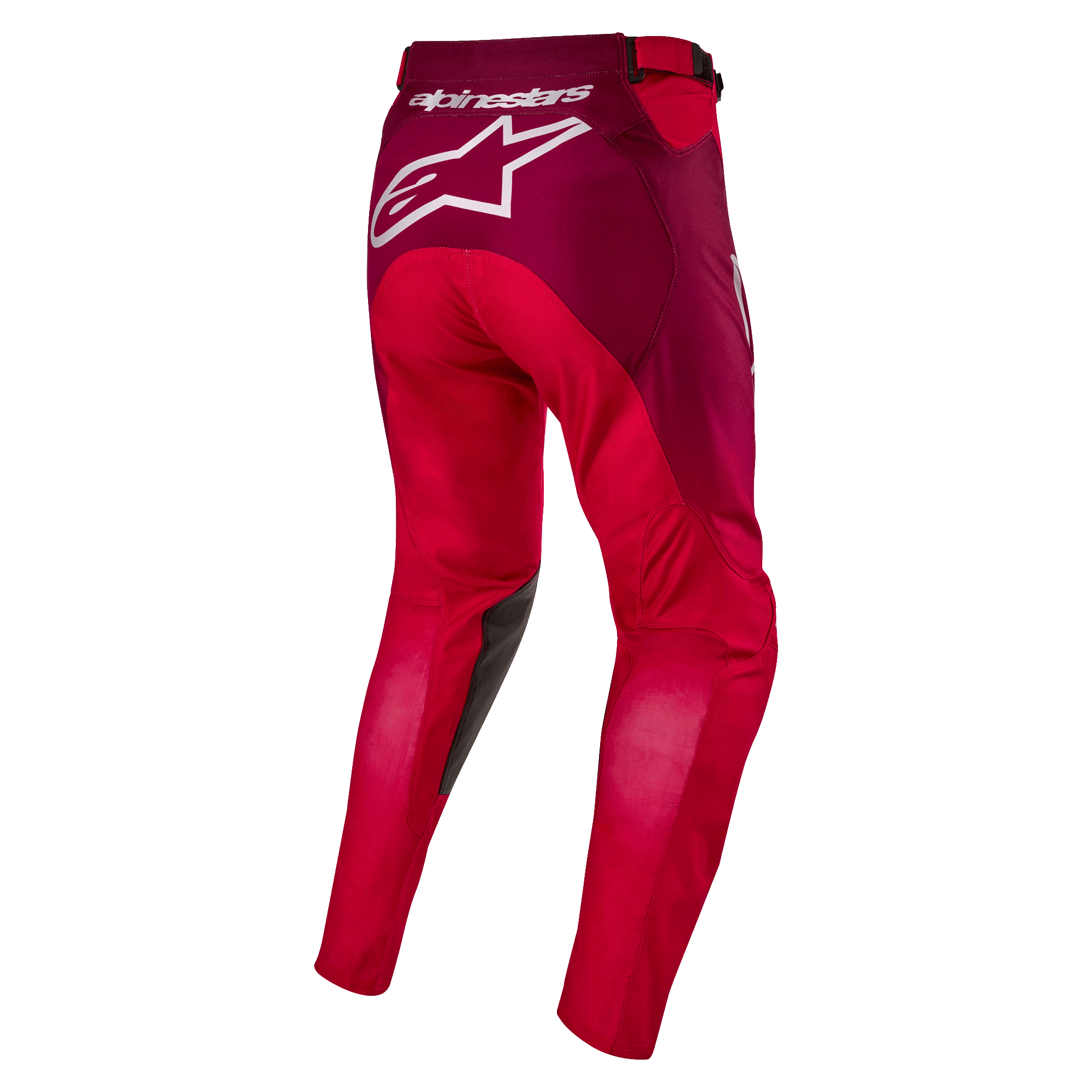 Alpinestars 2024 Racer Hoen bukser, motocross-bukser, Mars Red og Burgundy, set bagfra med stort hvidt Alpinestars-logo på sædet, ergonomisk forbøjet benkonstruktion, holdbart tekstilmateriale til off-road kørsel