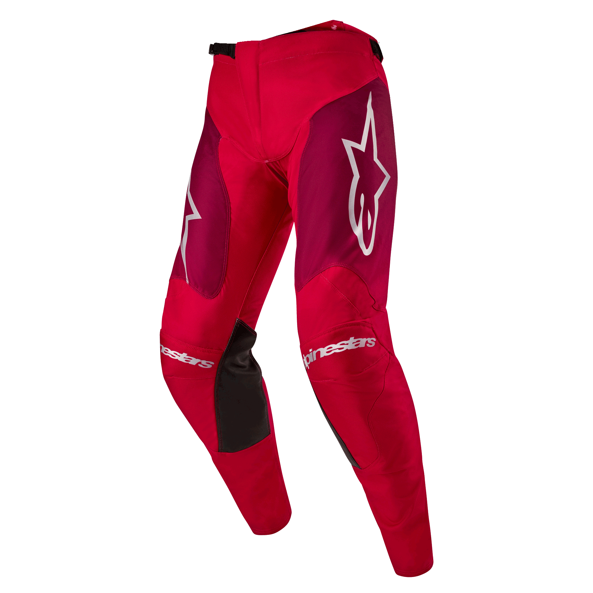 Alpinestars 2024 Racer Hoen bukser, motocrossbukser, Mars Red Burgundy, med bordeauxfarvede lårpaneler og hvid Alpinestars-branding på knæ og hofter, sorte indvendige grebspaneler på knæene, sporty forbuede design til off-road kørsel