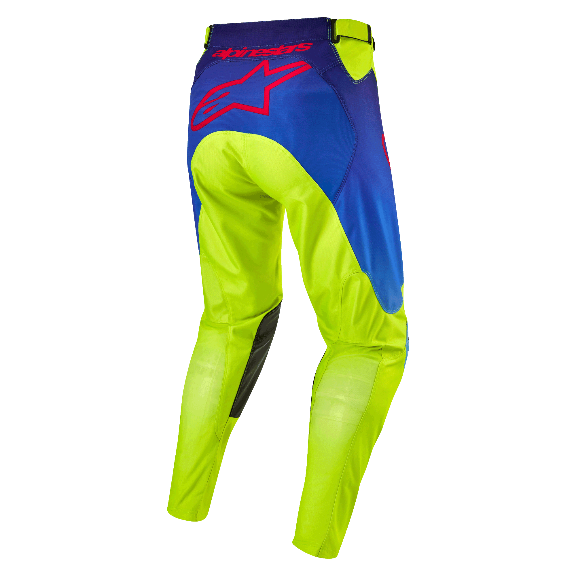 Alpinestars 2024 Racer Hoen Pants, Motocross Pants, Yellow Fluo and Blue Night Navy, rear view showing large red Alpinestars star logo, dark leather inner knee patches, durable technical fabric for off-road racing