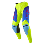 Alpinestars 2024 Racer Hoen Pants, Motocross Pants, Yellow Fluo and Blue Night Navy, featuring red star logos on the thighs, light blue knee panels with black leather inner reinforcements, sporty pre-curved construction for off-road racing