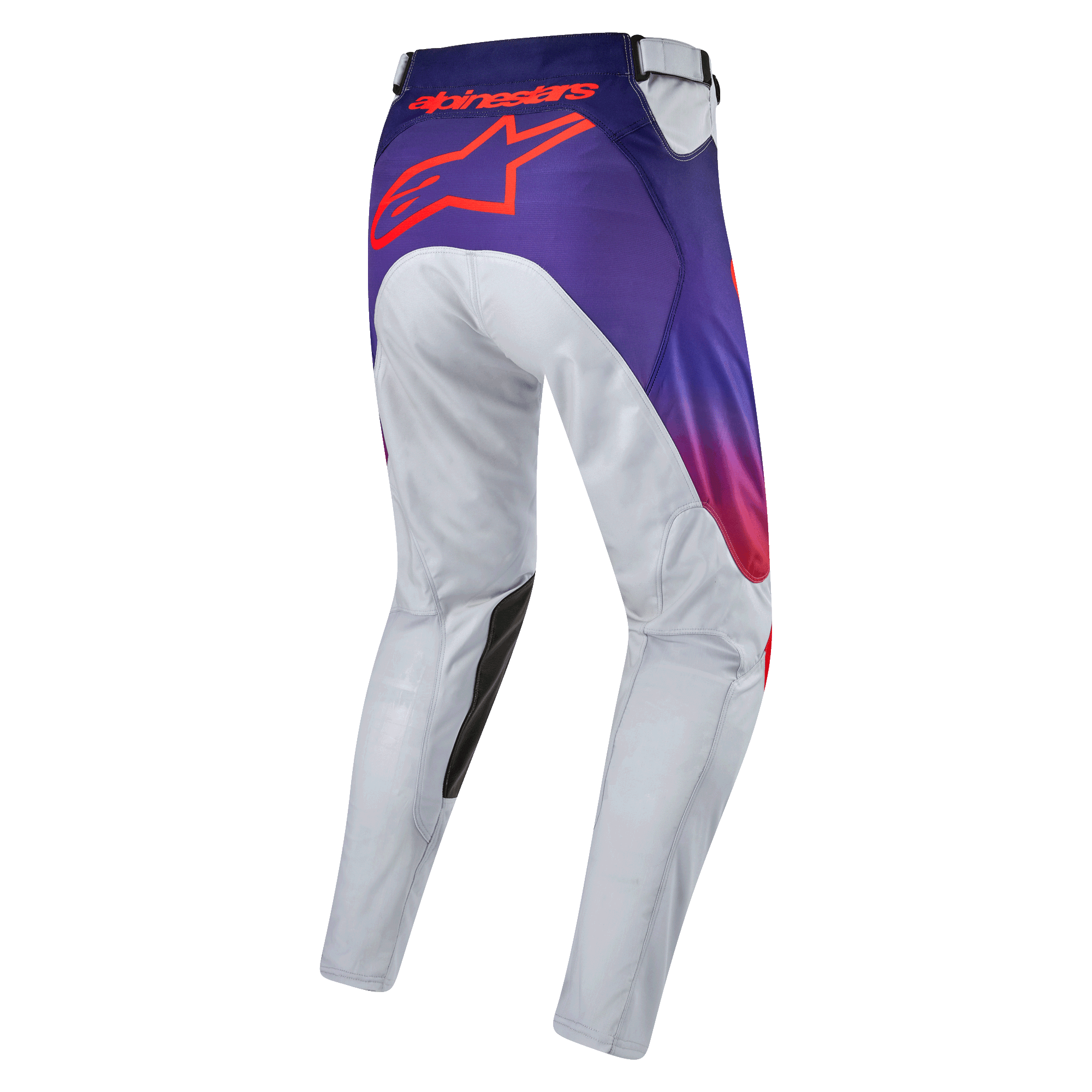 Alpinestars 2024 Racer Hoen bukser, motocross off-road bukser, lysegrå med lilla og hot orange detaljer, rødt logo på bagsiden, holdbart materiale, ergonomisk pasform