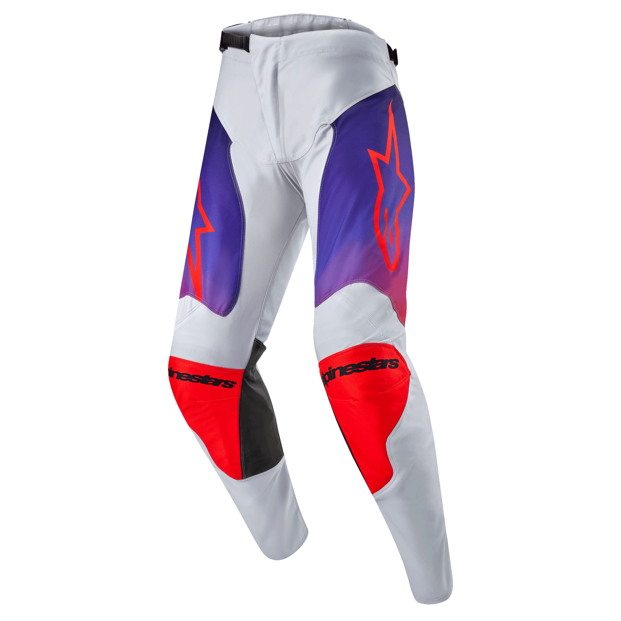 Alpinestars 2024 Racer Hoen bukser, motocross off-road bukser, lys grå med lilla gradient og hot orange detaljer, sorte logoer, ergonomisk pasform med forbuede ben, professionelt cross-udstyr