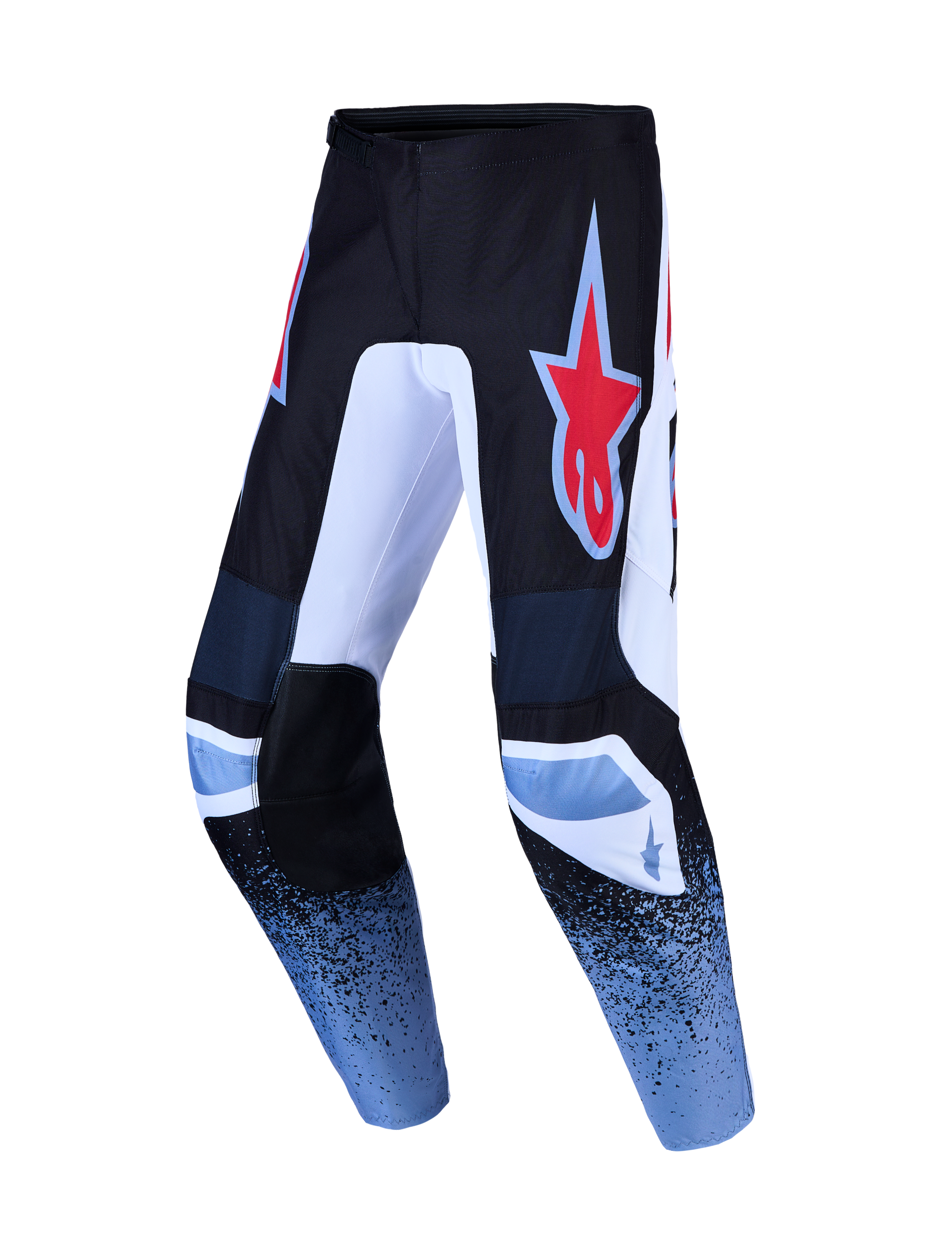 Alpinestars Fluid Drag motocrossbukser, sort og blå med rødt stjernelogo, slidstærkt 600D polytekstil, off-road kørsel
