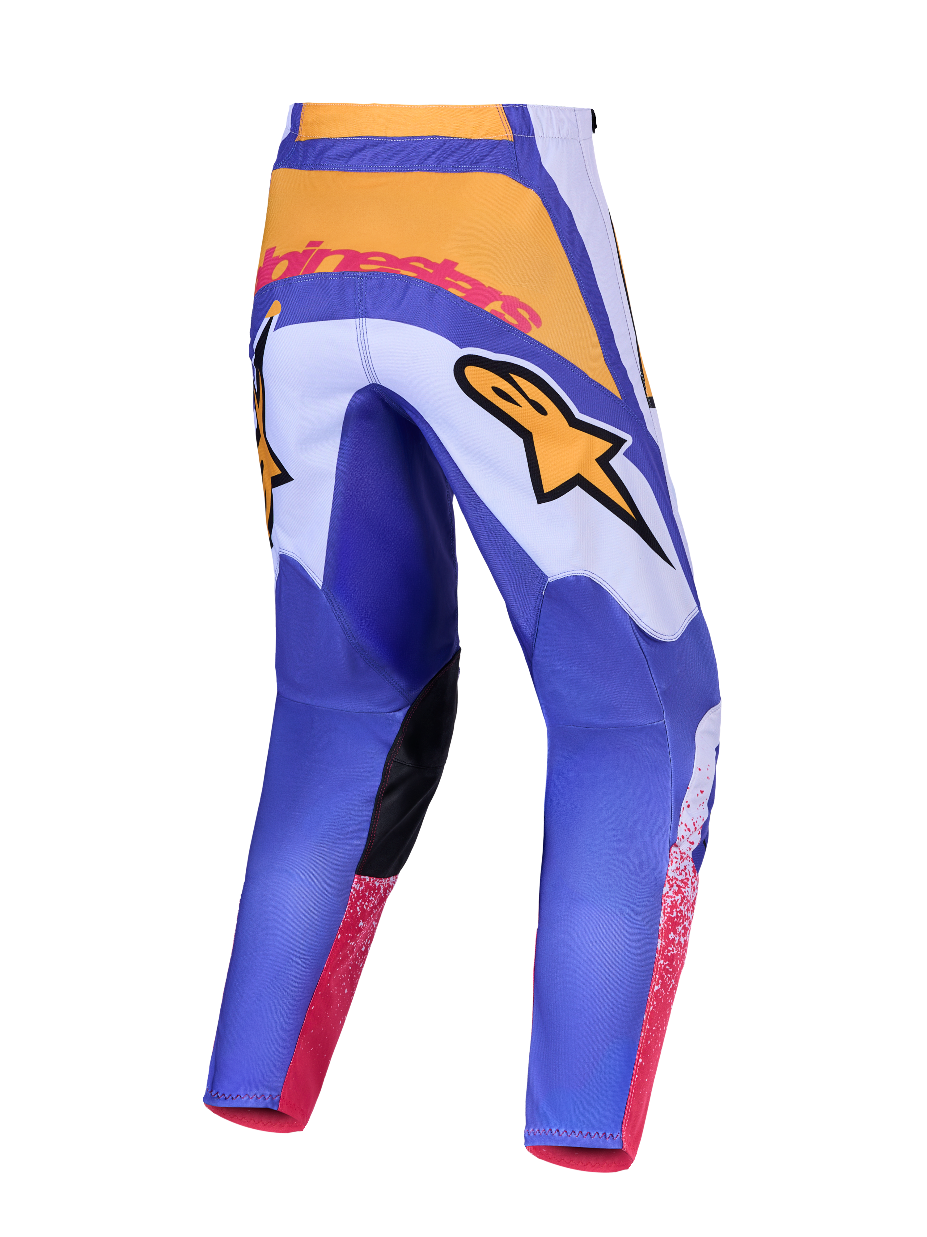 Alpinestars Fluid Drag Pants, blue and gold men's motocross racing pants with 600D polyfabric and stretch panels, rear view.