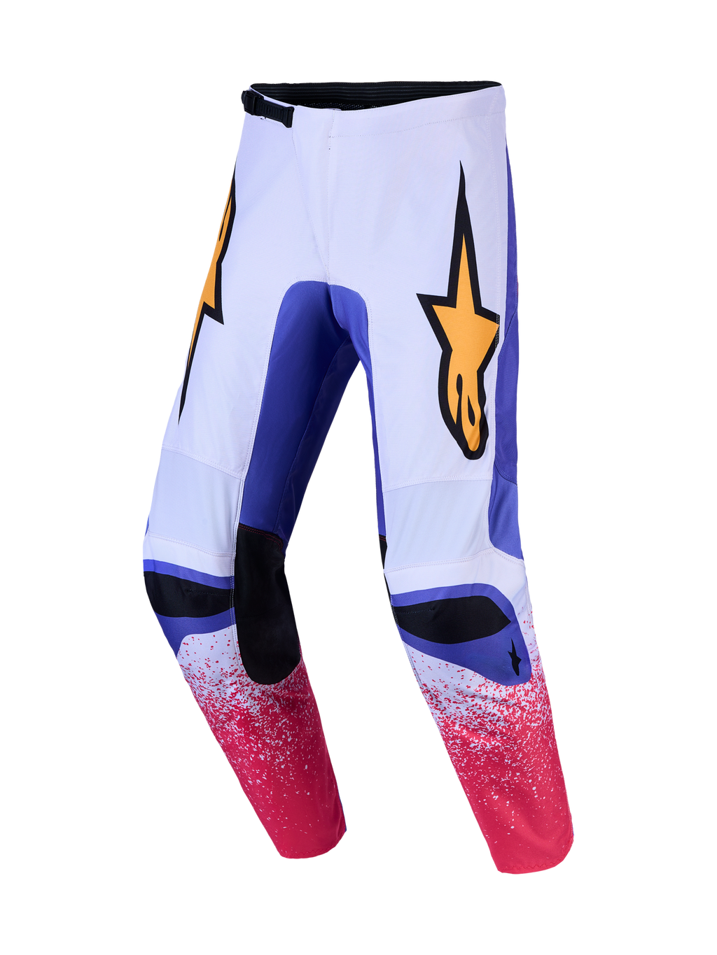 Alpinestars Fluid Drag bukser, hvide og blå motocrossbukser med pink grafik og gult stjernelogo til off-road