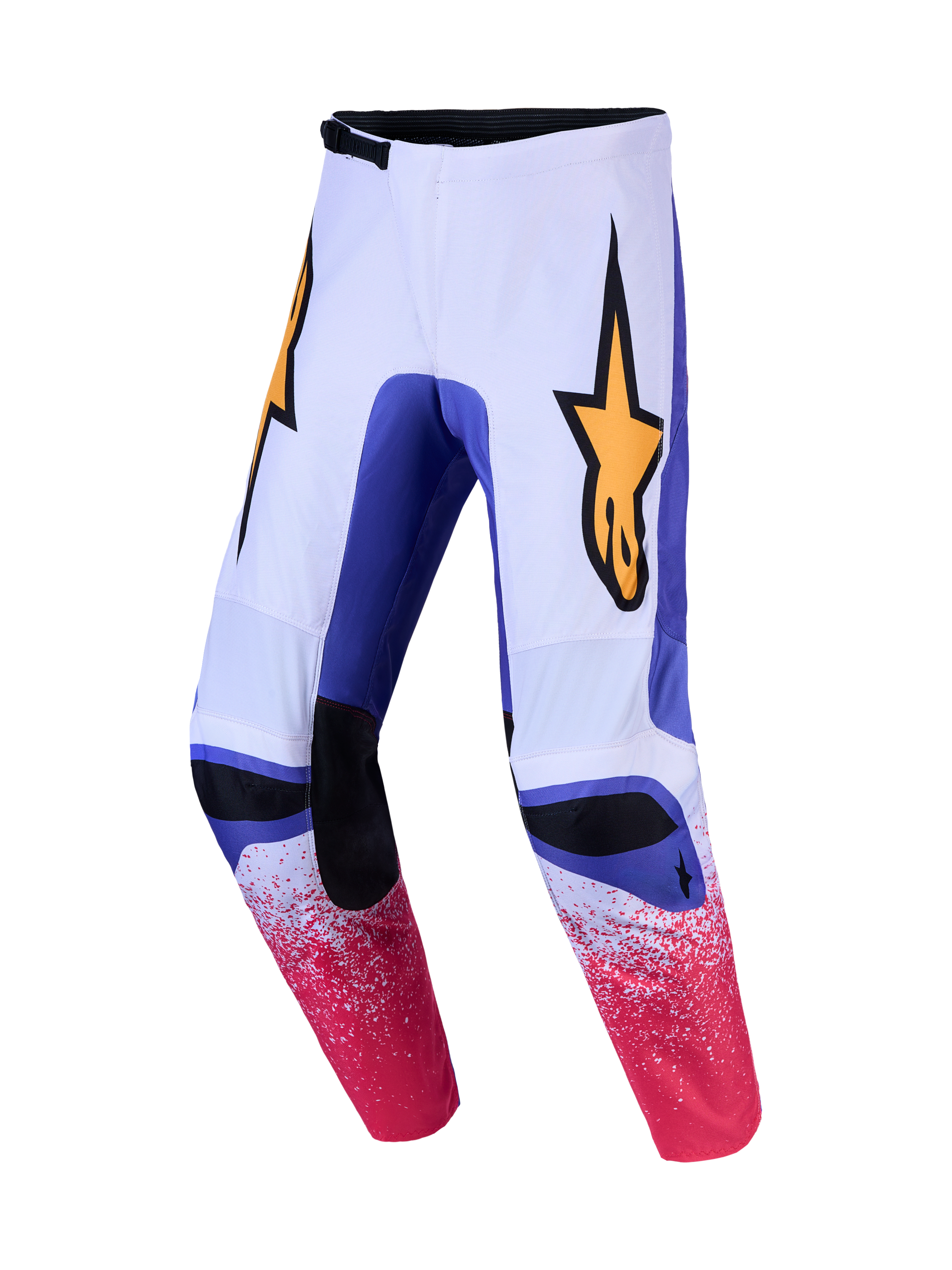 Alpinestars Fluid Drag bukser, hvide og blå motocrossbukser med pink grafik og gult stjernelogo til off-road