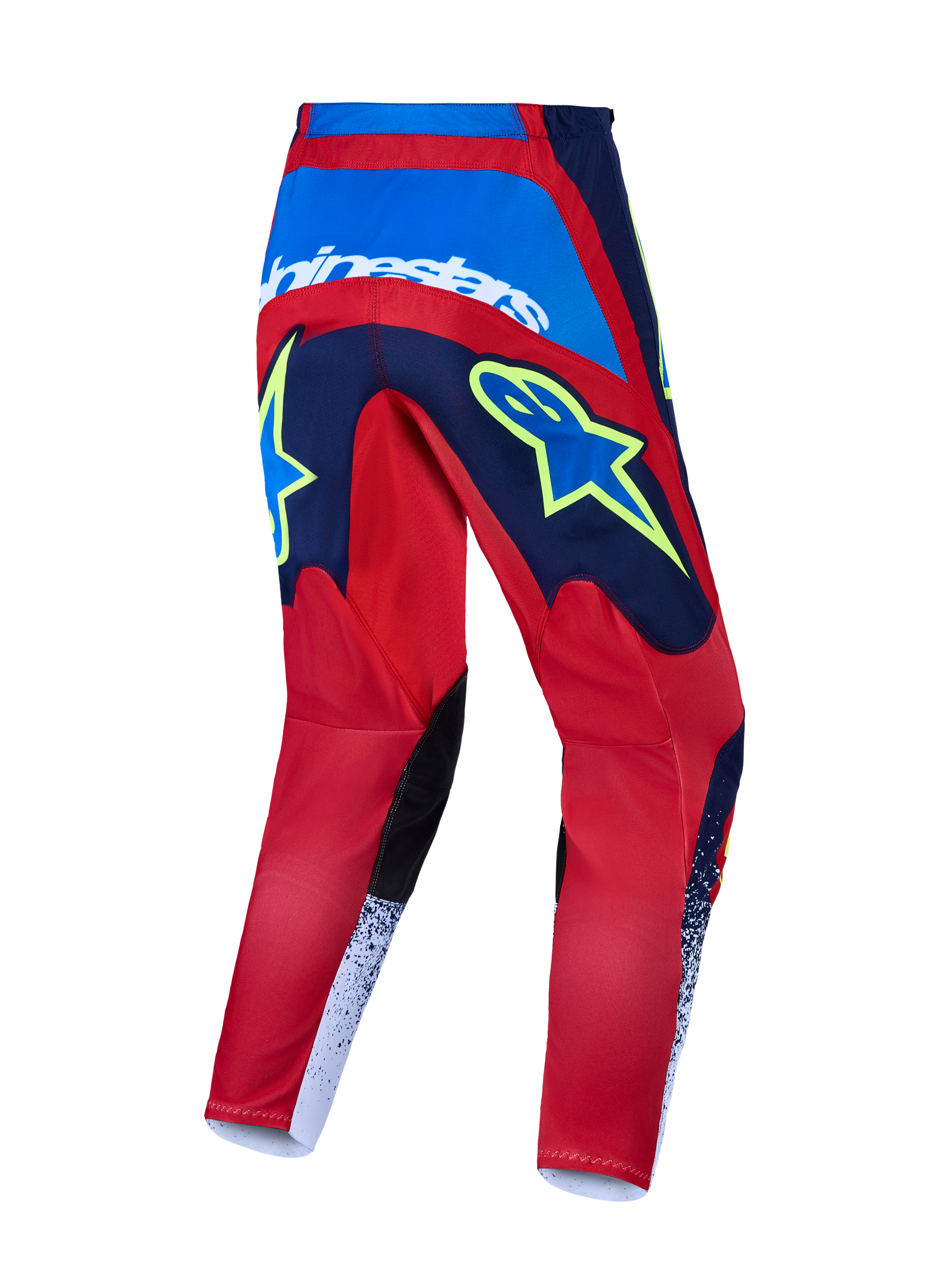 Alpinestars Fluid Drag motocrossbukser, rød og blå med gul grafik, forstærket sædekonstruktion, set bagfra til terrænkørsel