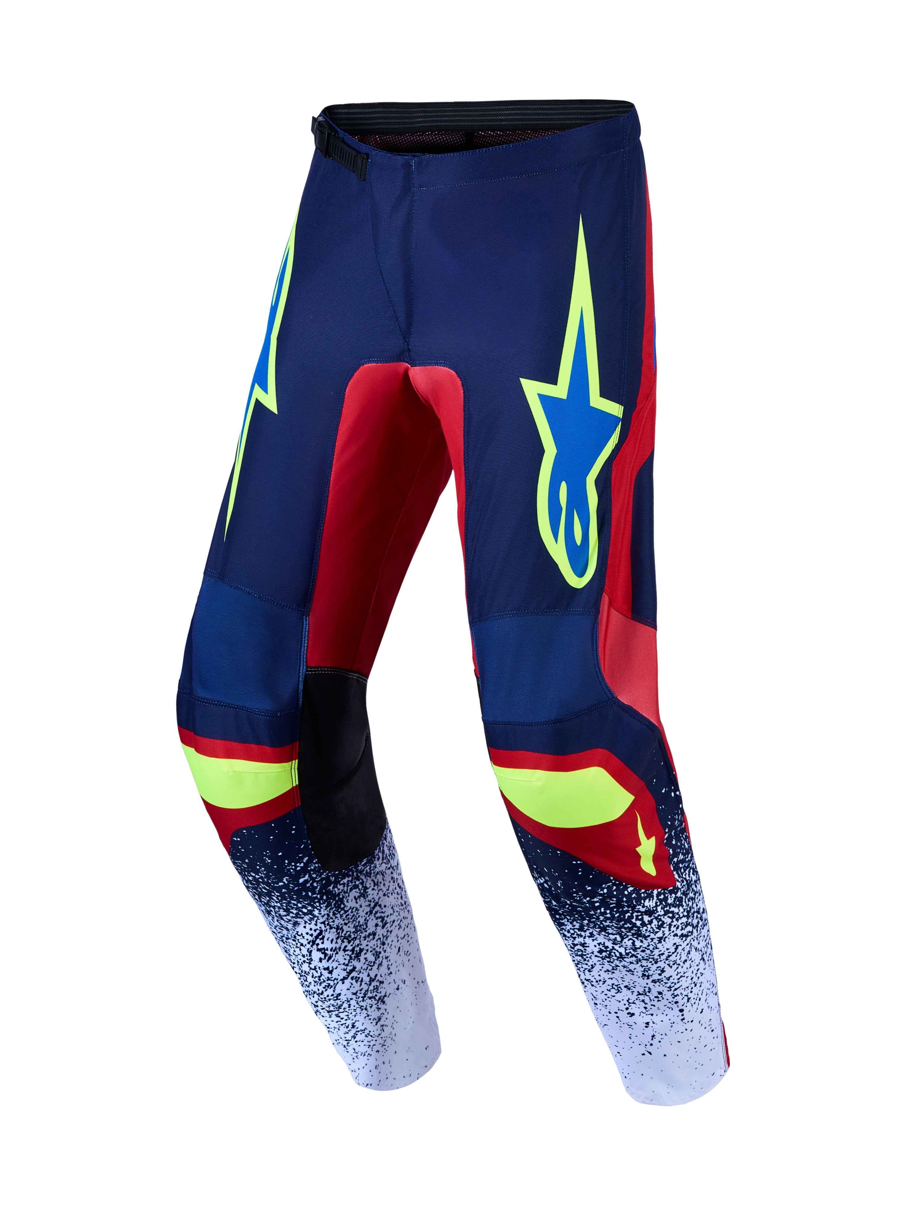 Alpinestars 2027 Fluid Drag motocrossbukser i mørkeblå og rød med beskyttende poly-tekstil og neongule detaljer.