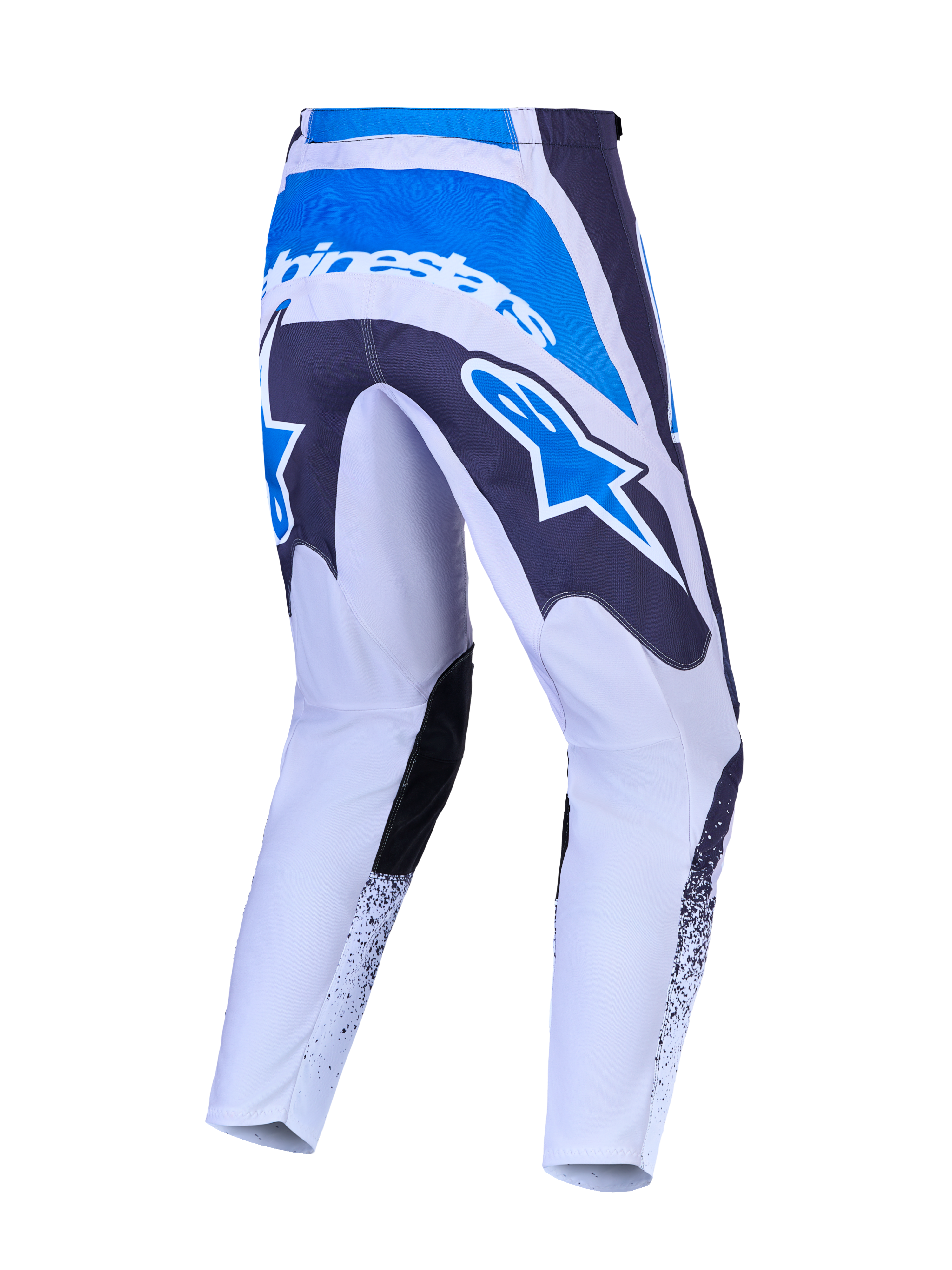 Alpinestars Fluid Drag bukser, herre-motocrossbukser i grå og blå med forstærket sæde og stort stjernelogo bagpå.