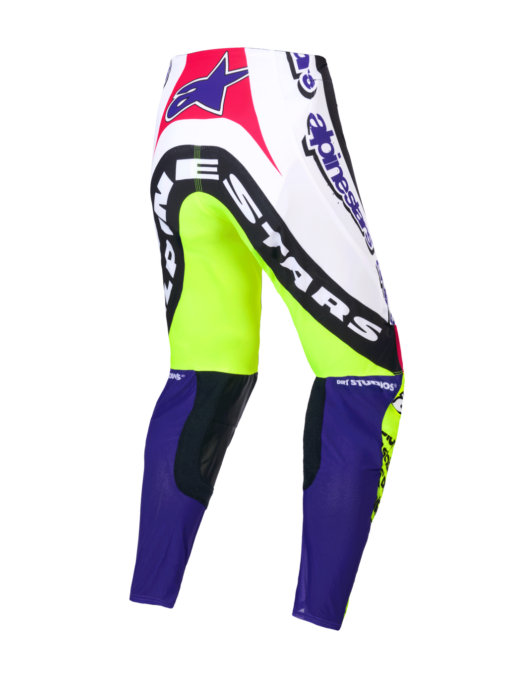 Alpinestars Limited Edition Supertech Dirt Studios® Bukser, motocrossbukser, hvid, lilla og fluogul, enkeltlags stretch rip-stop-konstruktion med læderknæpaneler, set bagfra der viser mærkets grafik