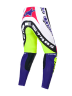 Alpinestars Limited Edition Supertech Dirt Studios® Bukser, motocrossbukser, hvid, lilla og fluogul, enkeltlags stretch rip-stop-konstruktion med læderknæpaneler, set bagfra der viser mærkets grafik