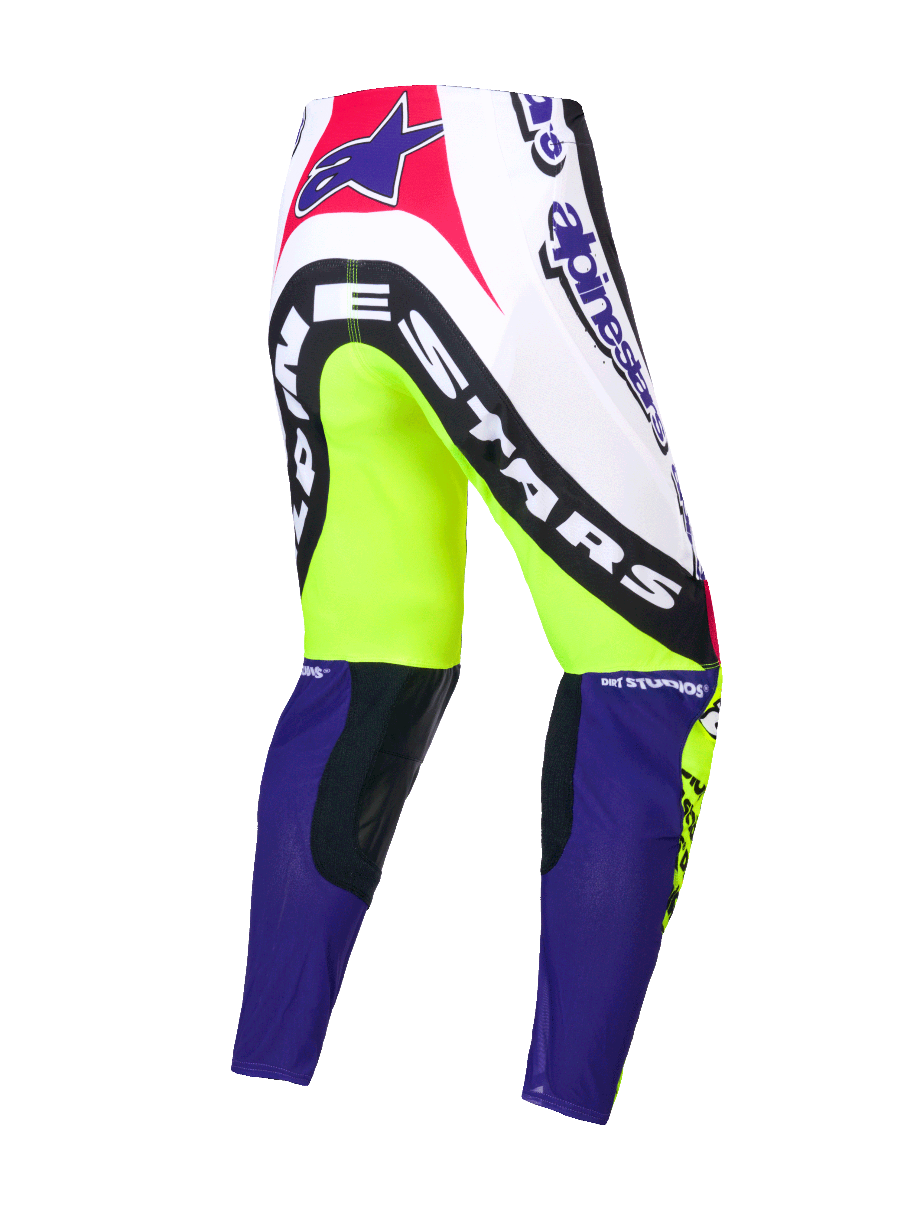 Alpinestars Limited Edition Supertech Dirt Studios® Bukser, motocrossbukser, hvid, lilla og fluogul, enkeltlags stretch rip-stop-konstruktion med læderknæpaneler, set bagfra der viser mærkets grafik