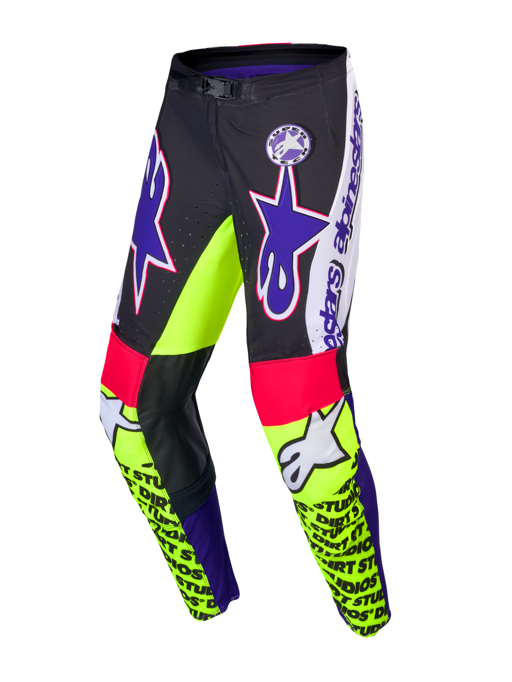 Alpinestars Limited Edition Supertech Dirt Studios buks, motocross racingbukser, hvid, lilla og gul fluo, enkeltlags stretch ripstop-stof med læderknæpaneler