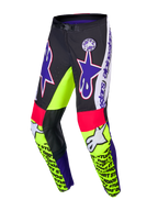 Alpinestars Limited Edition Supertech Dirt Studios buks, motocross racingbukser, hvid, lilla og gul fluo, enkeltlags stretch ripstop-stof med læderknæpaneler