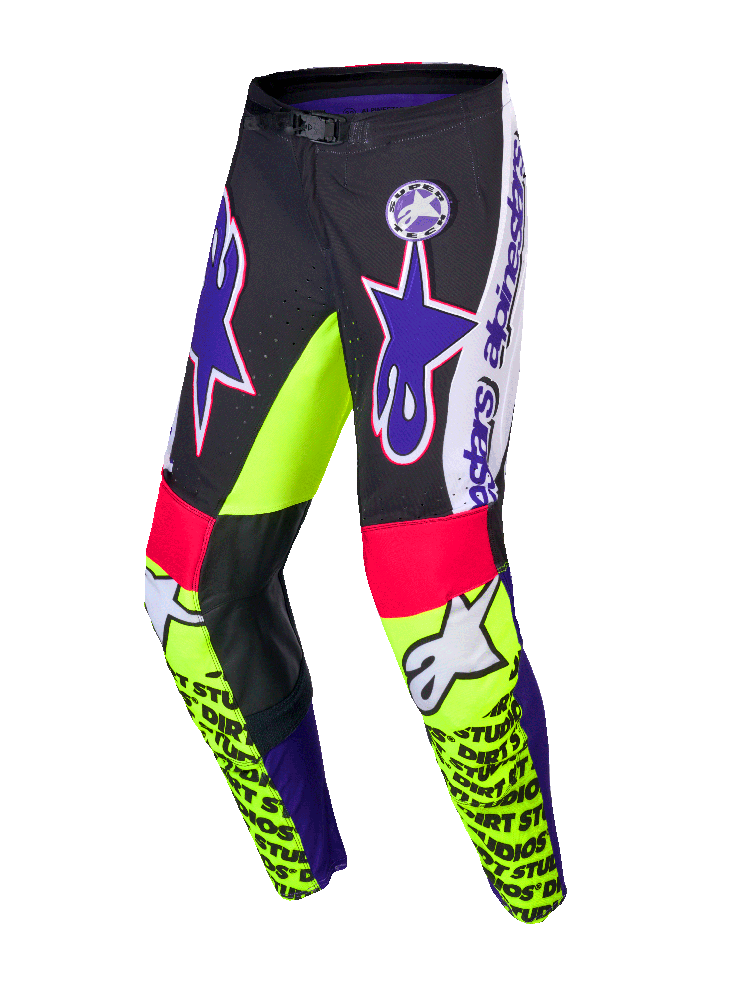 Alpinestars Limited Edition Supertech Dirt Studios buks, motocross racingbukser, hvid, lilla og gul fluo, enkeltlags stretch ripstop-stof med læderknæpaneler