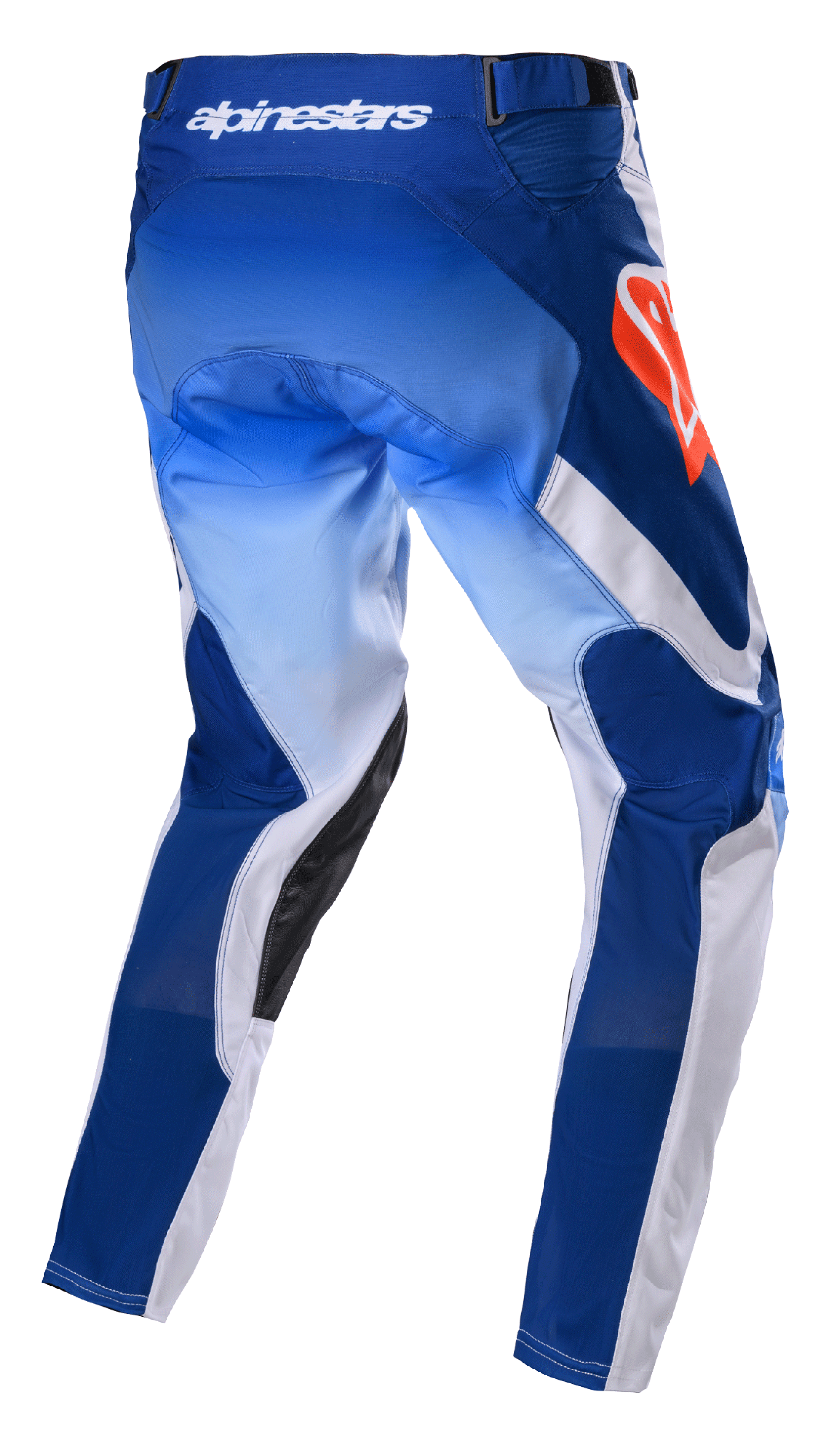 Alpinestars 2023 Racer Semi bukser, motocrossbukser, blå og hot orange, set bagfra med graduerede blå og hvide paneler, hot orange Alpinestars-logo på hoften, sorte læderforstærkninger på indersiden af benene, teknisk design til off-road kørsel
