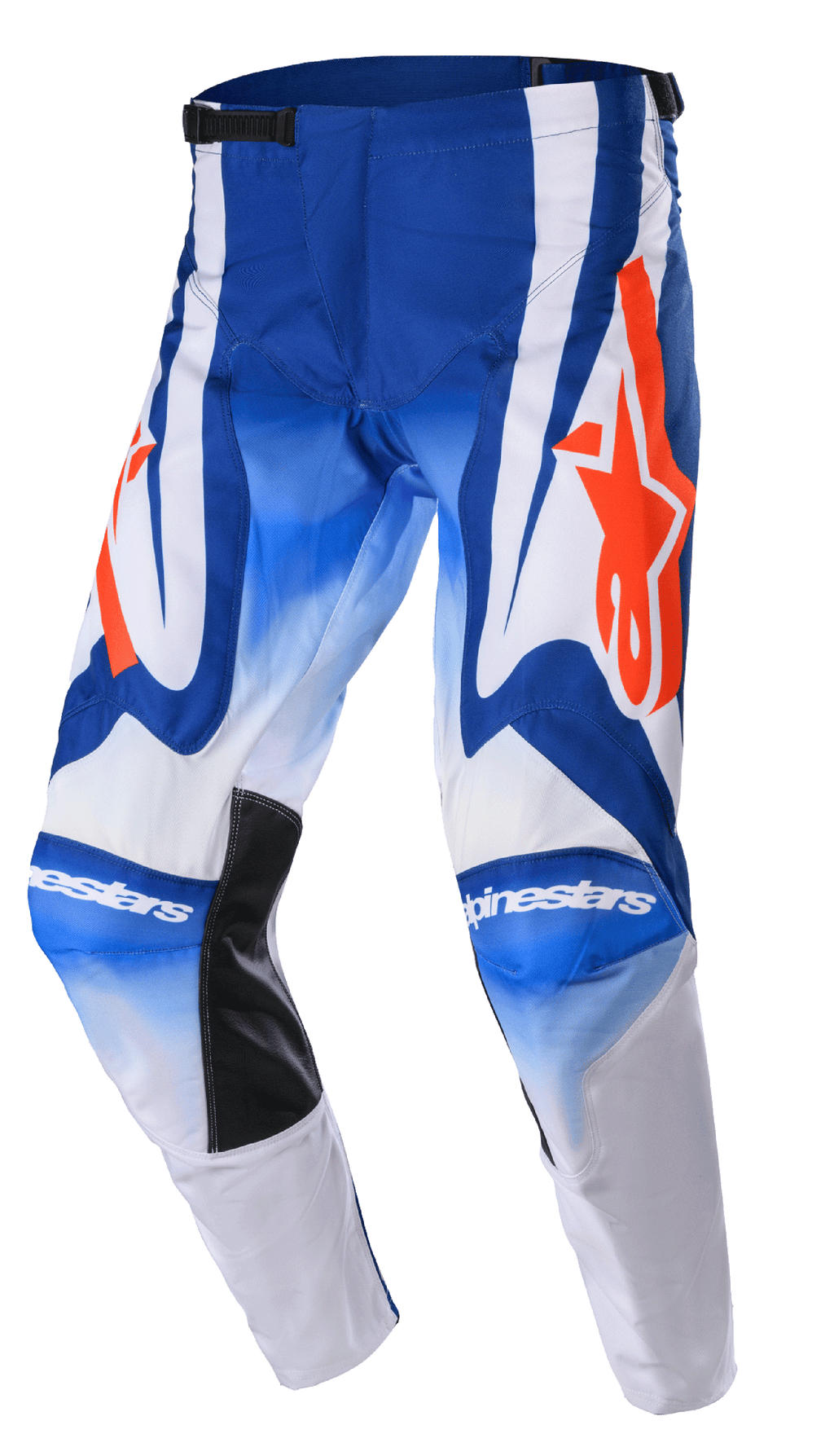 Alpinestars 2023 Racer Semi bukser, motocross-bukser, blå, hvid og stærk orange, med store orange stjerne-logoer, sorte varmebestandige indvendige knæpaneler og et forbukket ergonomisk design til off-road racing.