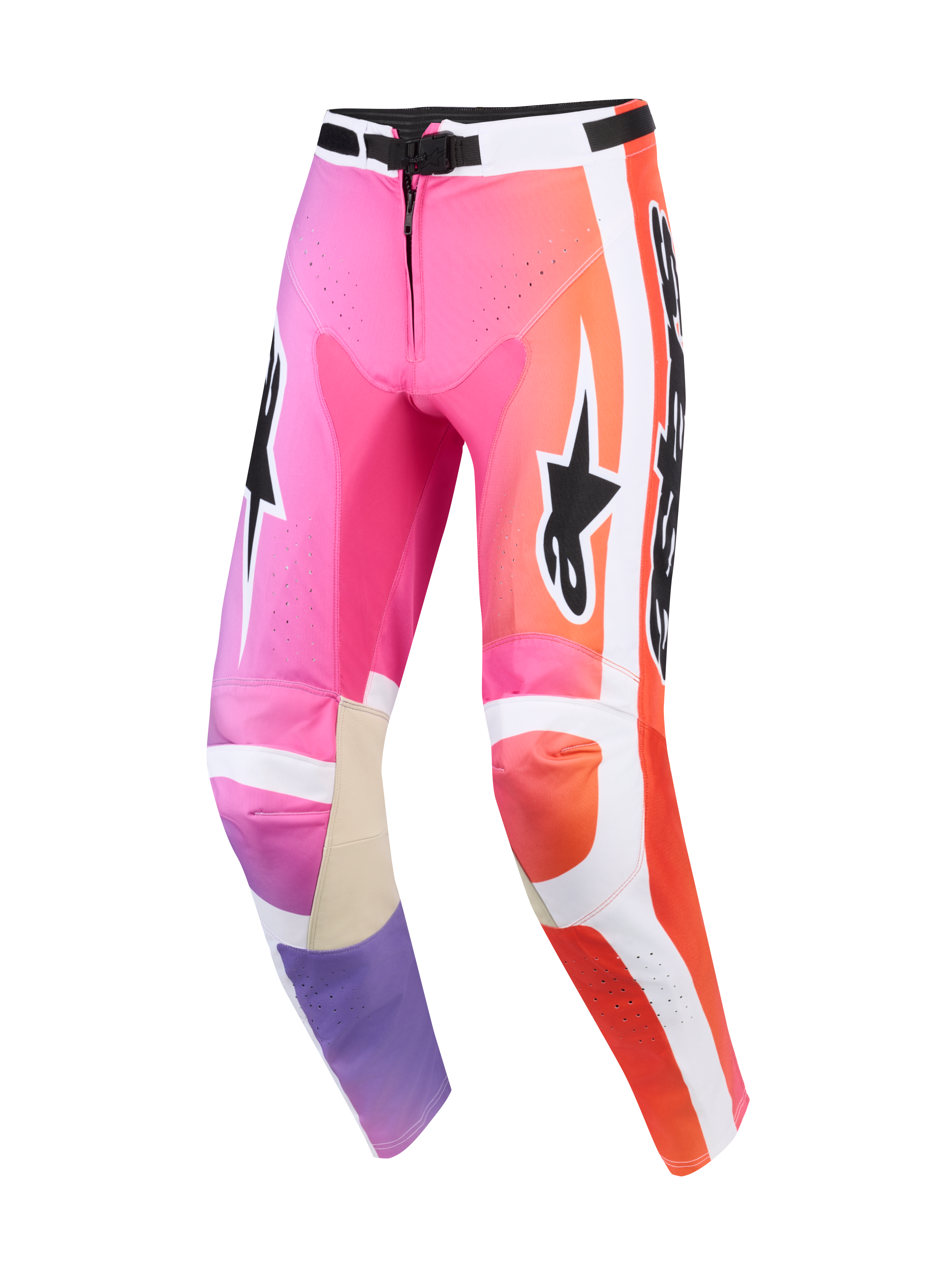 Alpinestars 2026 Racer Air Portl bukser, motocross-bukser, lyserød, orange og lilla multifarvet, med hvide sidepaneler, sorte Alpinestars-logoer, perforerede zoner for ventilation og indvendige knæforstærkninger i brunt læder