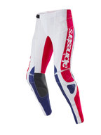 Alpinestars Limited Edition Techstar Fortitude bukser, motocross- og off-road bukser, stærk rød, hvid og blå, med stort rødt Alpinestars-logo på låret, sorte læderpaneler på indersiden af knæene og perforerede ventilationszoner, atletisk race-pasform til terrænkørsel