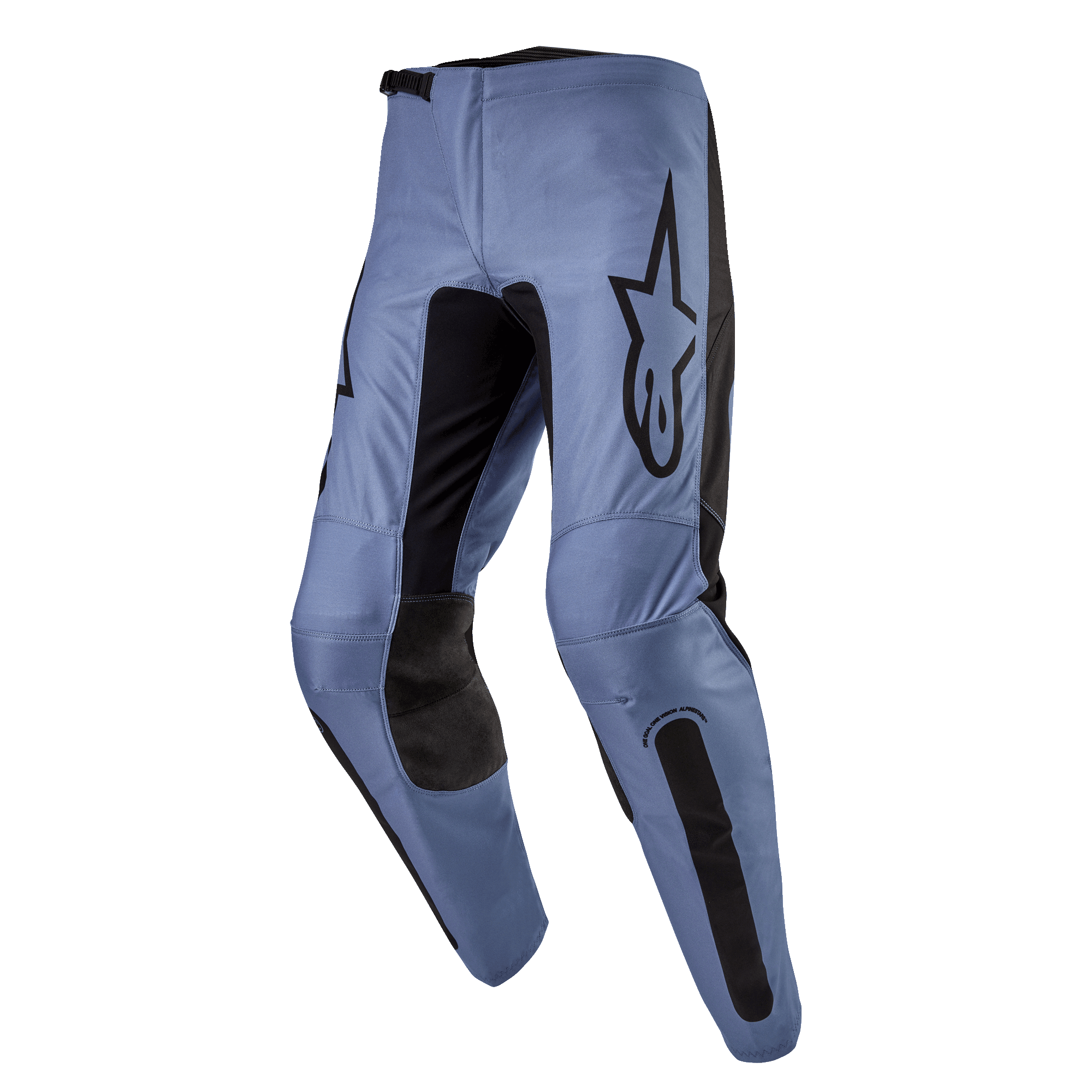 Alpinestars 2024 Fluid Lurv bukser, motocross-bukser, lyseblå og sort, med et stort sort Alpinestars-logo på låret, sorte forstærkede indvendige knæpaneler og ergonomisk forbuet ben-design til off-road kørsel.