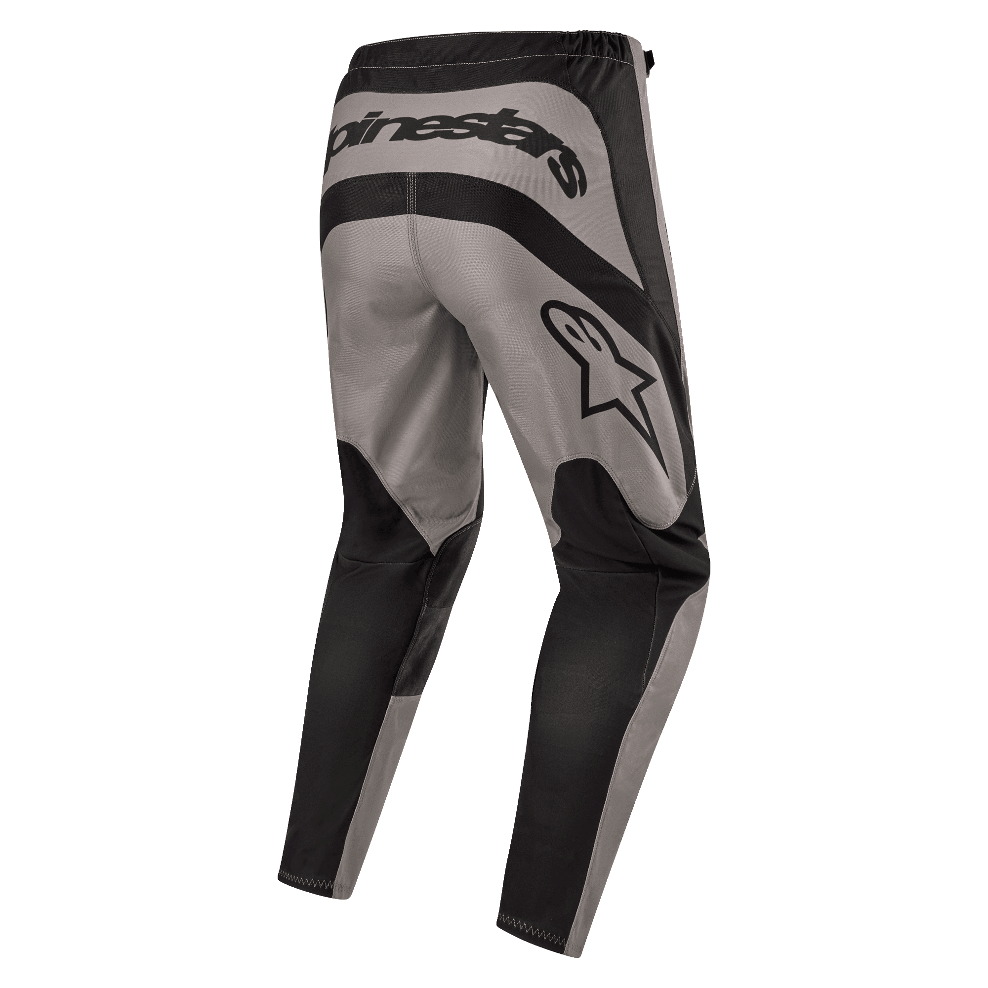 Alpinestars 2024 Fluid Lurv bukser, motocrossbukser, Mud Black, set bagfra med tydelig Alpinestars-branding hen over lænden og stjernelogo på højre lår, gråt og sort paneldesign med slidstærkt 600D poly-stof til off-road kørsel.