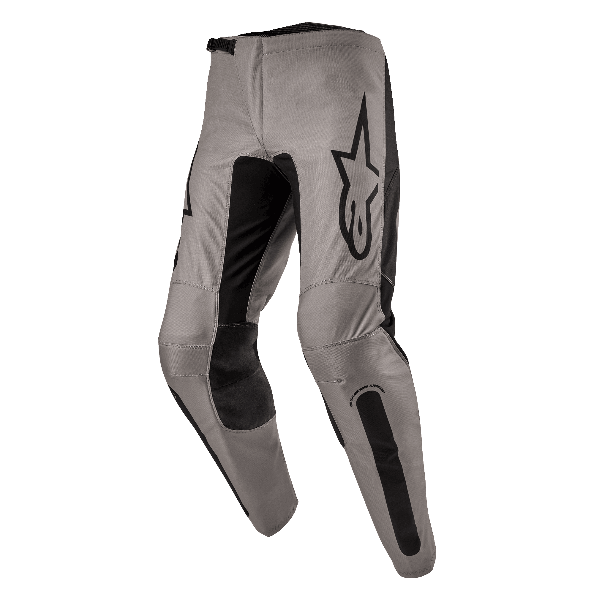 Alpinestars 2024 Fluid Lurv bukser, motocross-bukser, Mud Black, med en gråbrun hovedkonstruktion og sorte stretch-paneler på indersiden af benene og knæene, markant sort Alpinestars-logo på låret, ergonomisk forbøjede design til off-road kørsel
